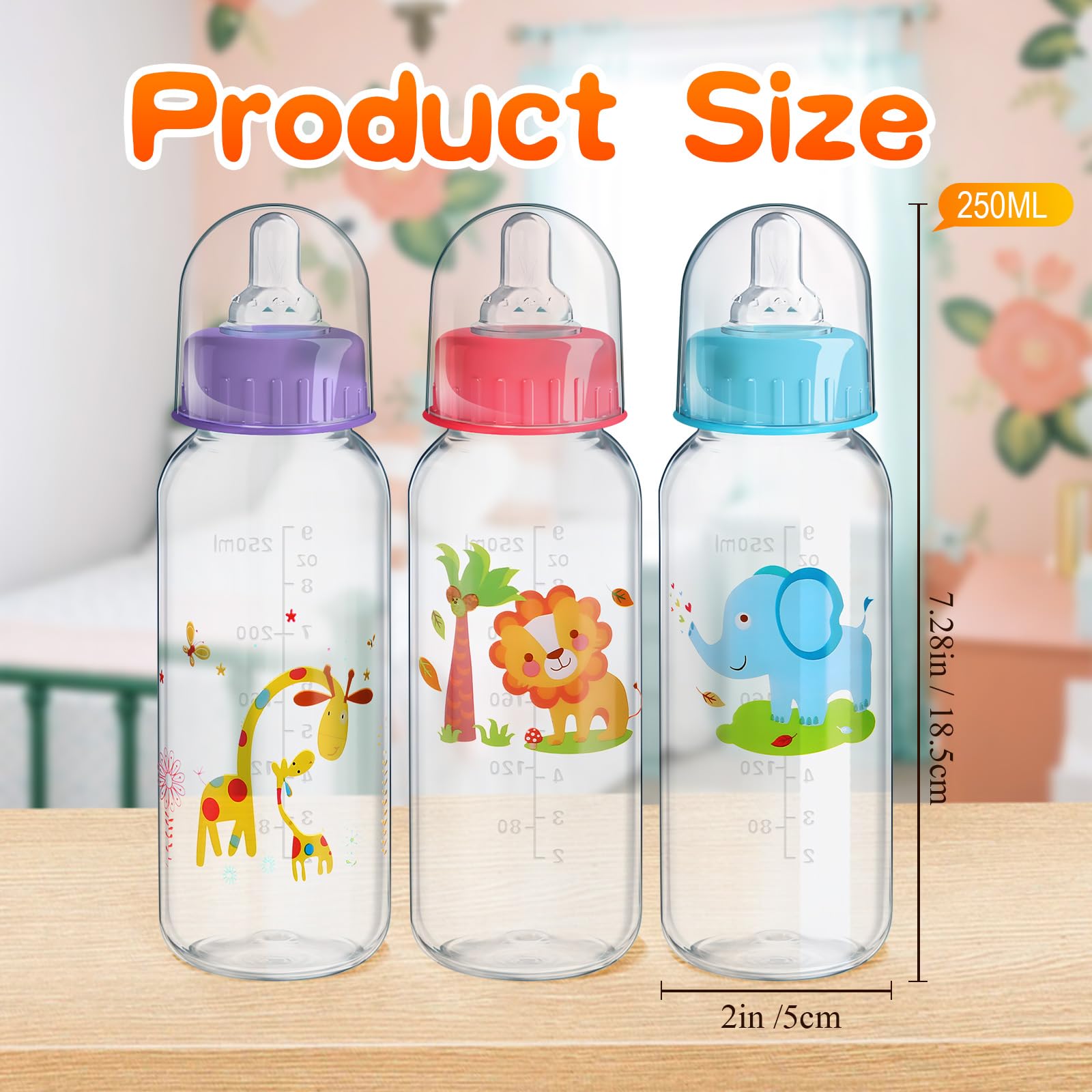 Norme 24 botellas de plástico de 9.5 onzas para baby shower, juegos, fiestas, botellas de leche para niños, decoraciones de cumpleaños, regalos, elefante, león, jirafa (recto)