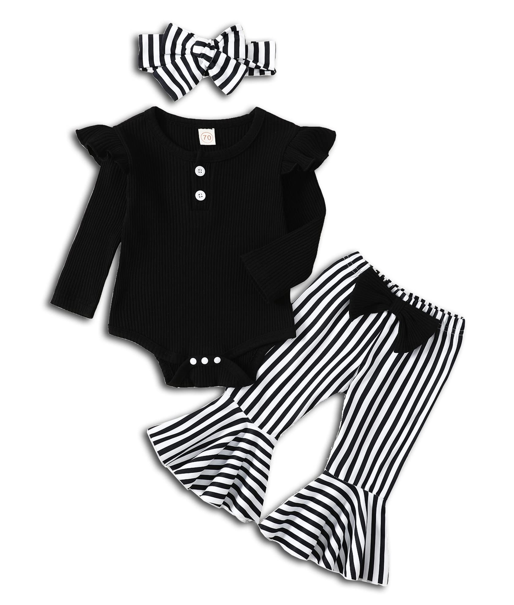 ADXSUNNewborn Baby Girl Clothes Ribbed Ruffled Romper+Striped/Cow/Leopard Flared Pants Infant Outifts 0-18 Months