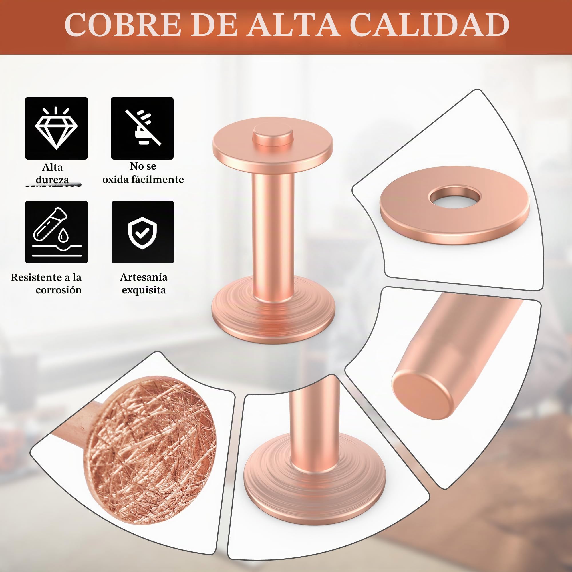 Funira 124 Piezas Remaches y Rebabas de Cobre 60 Kit de Remaches y Rebabas de Cobre de 5 Tamaños con Herramienta de Remachado y 2 Punzón para Cinturones Carteras Collares de Cuero