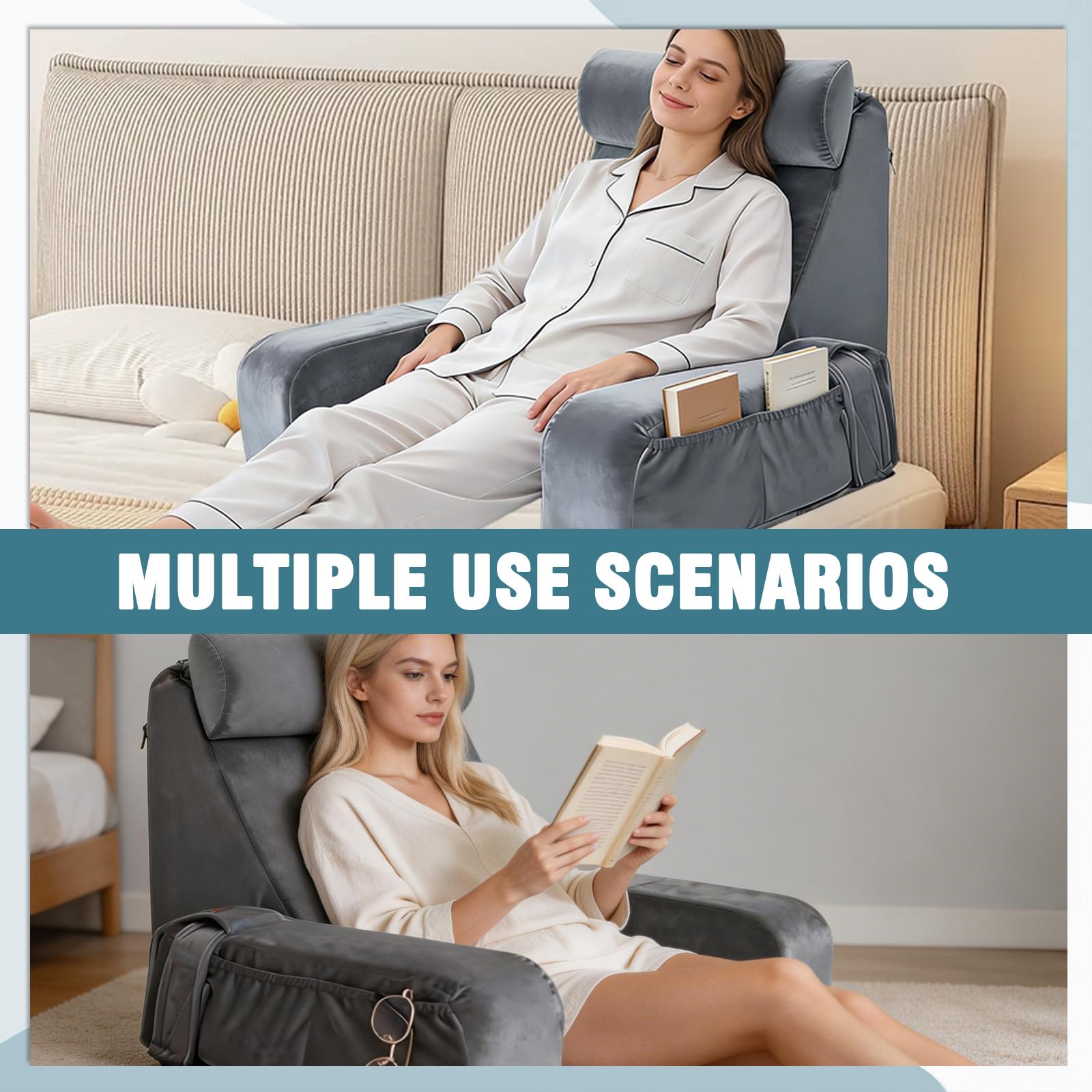 Cuscino da Lettura per Letto e Divano, Cuscino per Schienale Letto con Braccioli rimovibili, Cuscino per Schienale per Lettura, Lavoro o TV, Comodo Cuscino per Adulto (Grigio)