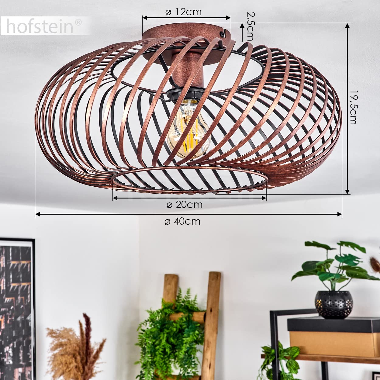 Plafondlamp Oravi, ronde plafondlamp van hout/metaal in natuur/zwart, raster-look lamp met geweldige lichteffecten aan het plafond, 45 cm, 1 lamp, 1 x E27, zonder gloeilamp
