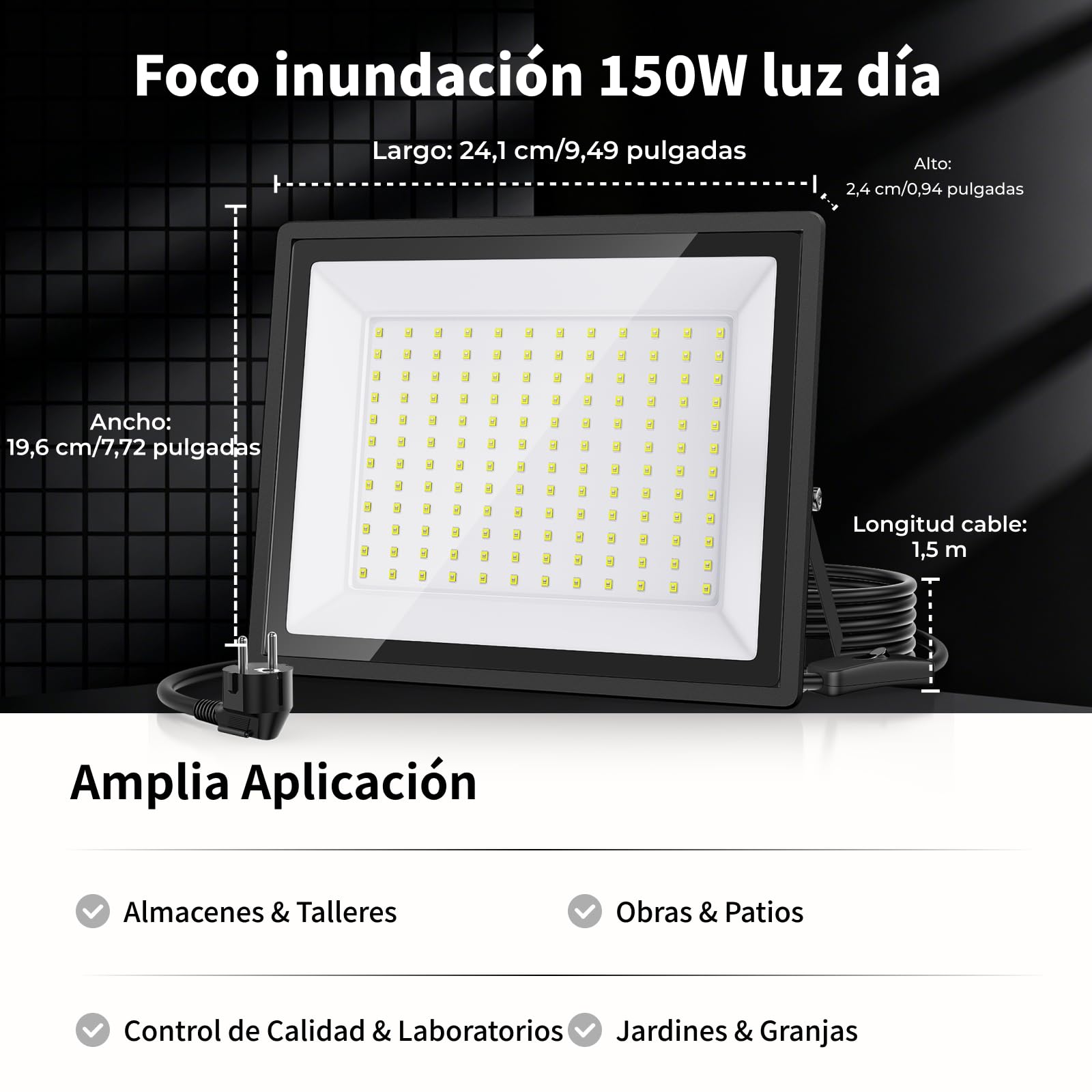 Foco LED Exterior 150W, 16500LM Ultra Brillante, Foco Exterior Blanco Día 6500K IP66 Impermeable con Enchufe para Estadio, Almacén, Taller, Aparcamiento, 2 Piezas