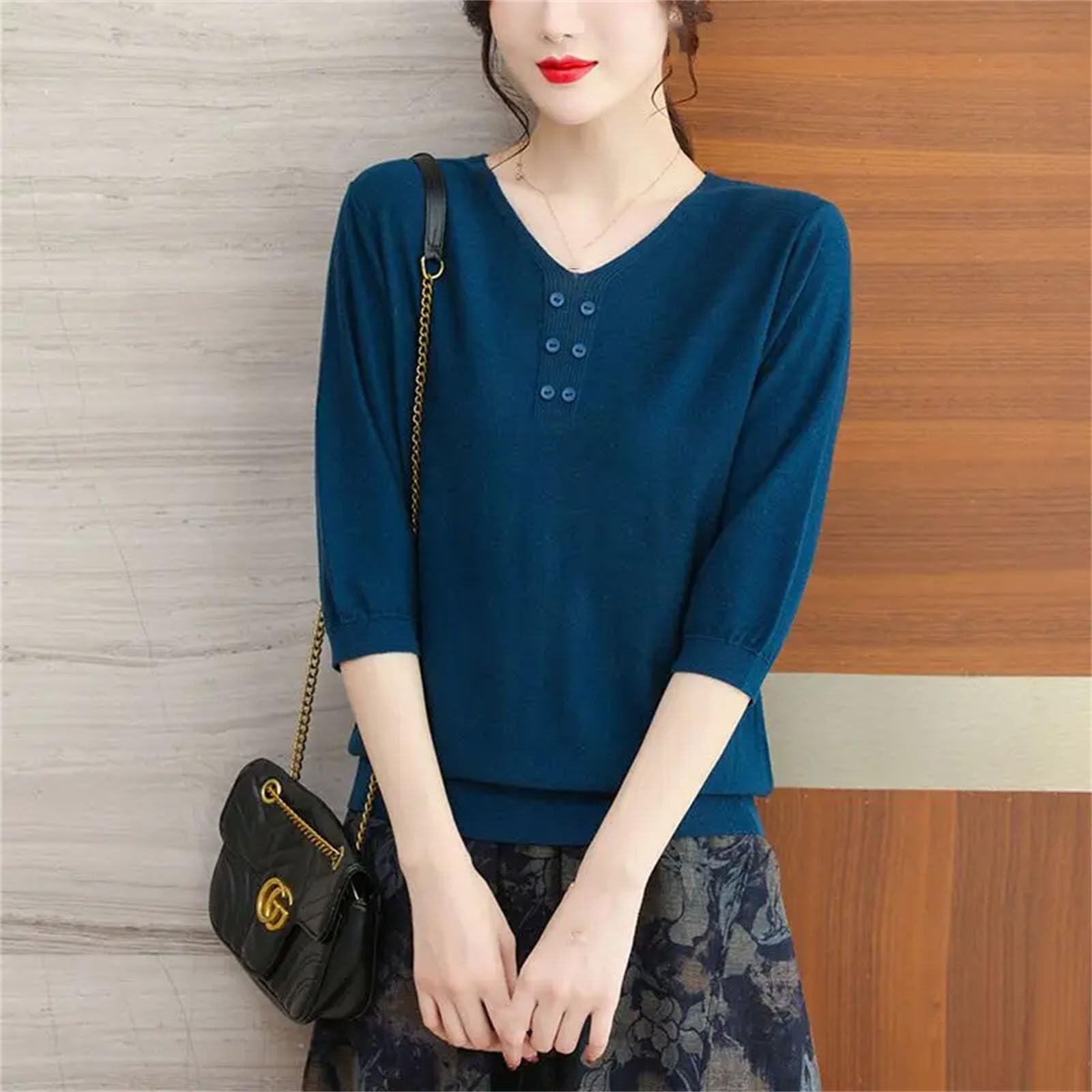Maglietta da donna lavorata a maglia, mezza manica con scollo a V, tinta unita, stile vintage