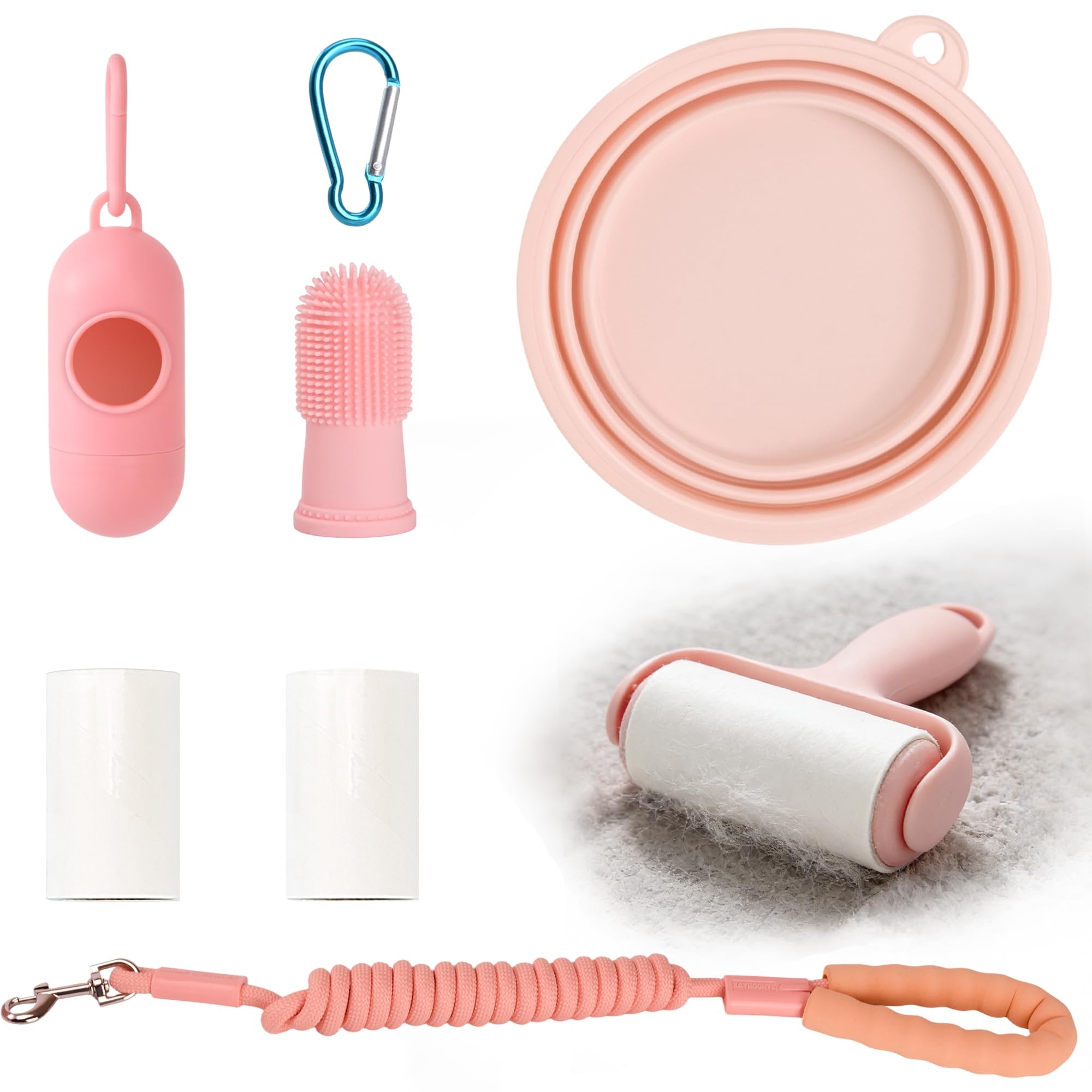 GINMOO 5-in-1 Pet Accessories Collapsible Dog Bowl, Travel Dog Bowl with Slip Lead, Puppy Toothbrush, Poop Bag Holder