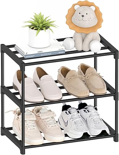 zapatero pequeño apilable de 3 niveles, estante estrecho para zapatos de niños, niños pequeños y adultos, estante para zapatos ligero para guardar
