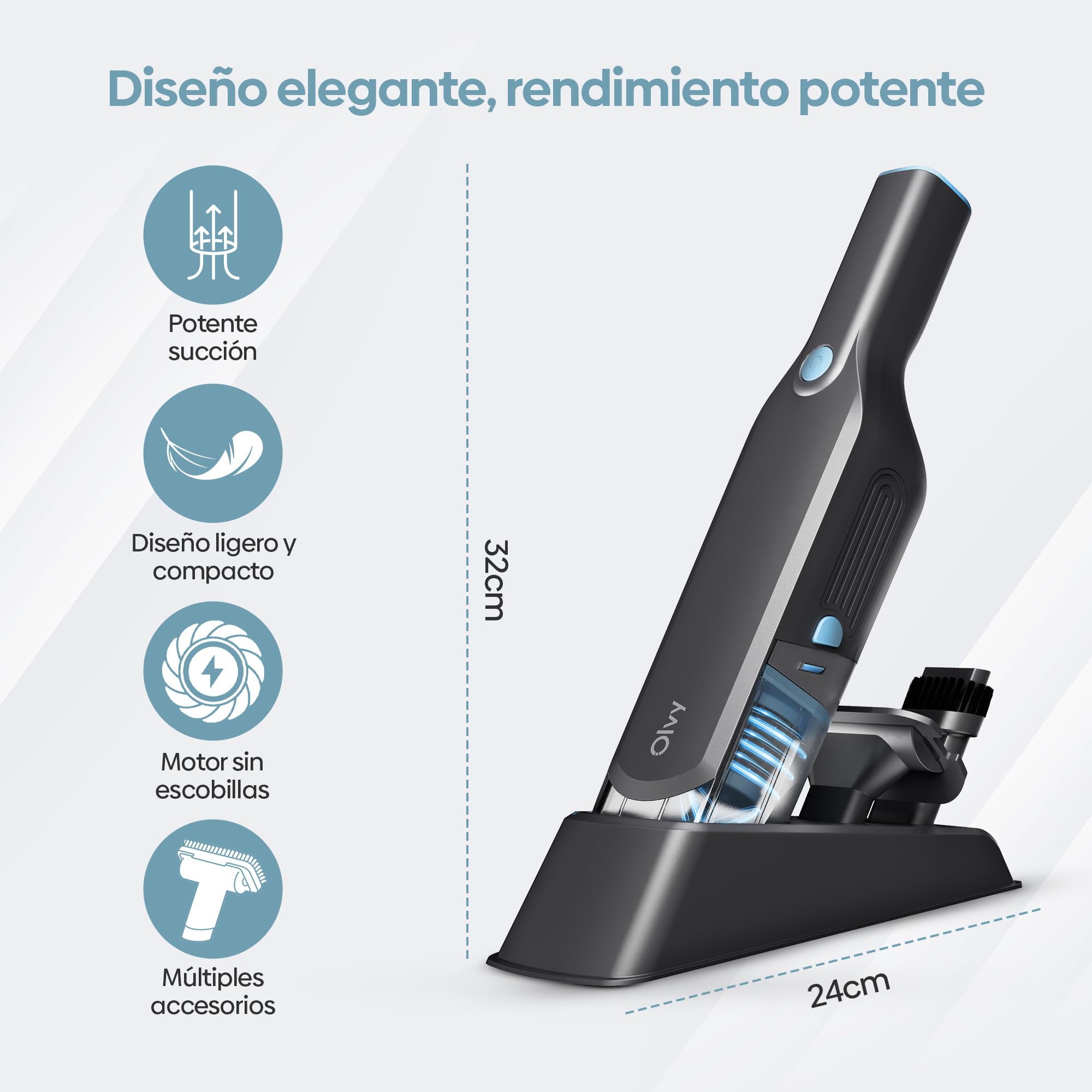 Olvy Aspiradora de Mano Inalámbrica Potente 2 Velocidades para Pelo de Mascotas, Mini Aspirador Portátil para Coche y Hogar, Autonomía Larga, Filtro HEPA Lavable, Accesorios Múltiples