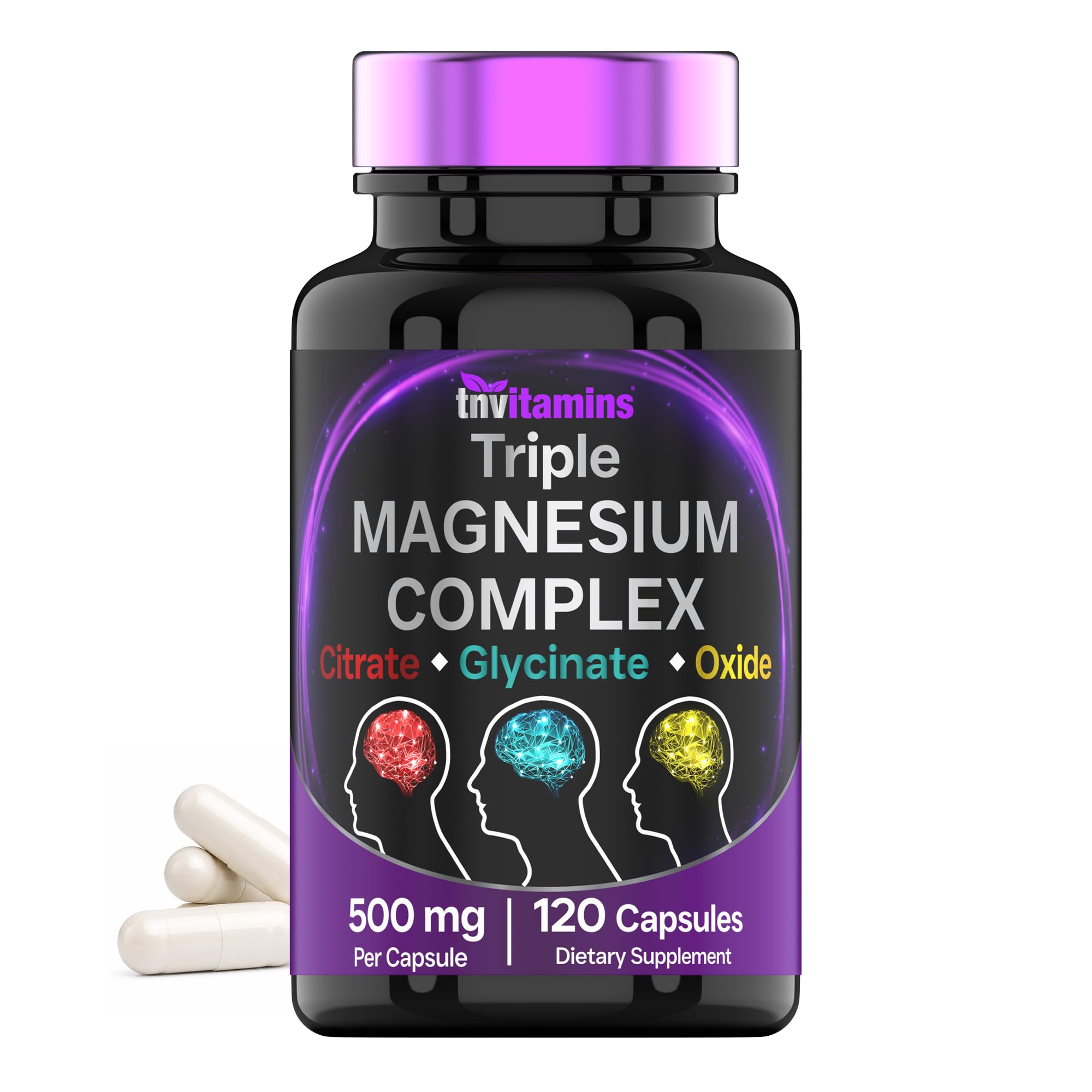 Triple Magnesium Complex Supplement 500mg: Magnesium Glycinate, Citrate, & Oxide - 120 Capsules (4 Month Supply!) | 1 Capsule Serving Provides 125% Daily Value | Non-GMO, Made in the USA!