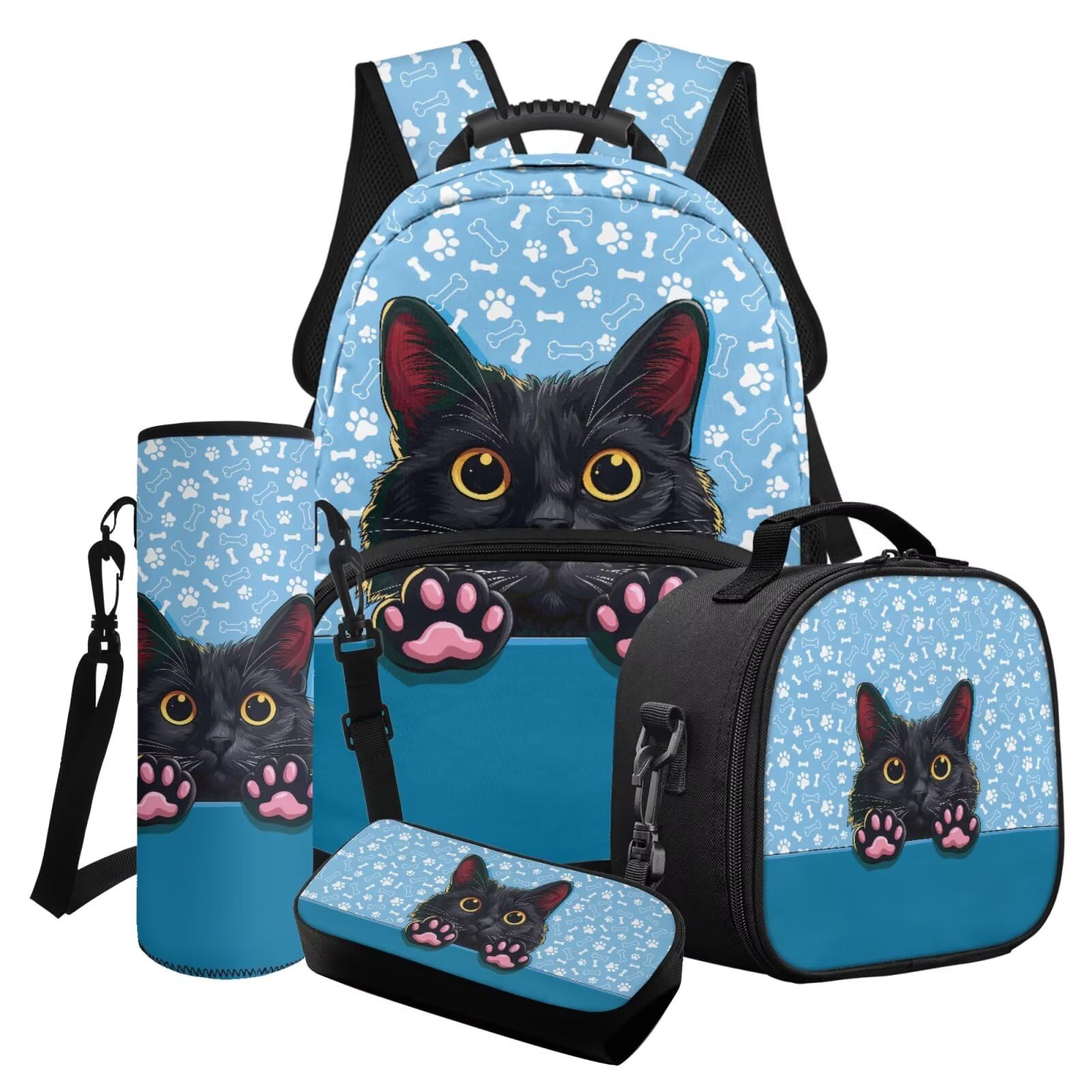 Xoenoiee Set di zaini per ragazzi e ragazze con gatti e libri scolastici con portapranzo, astuccio portaborraccia 4 in 1, set di zaini per la scuola, Zampe di osso di gatto nero