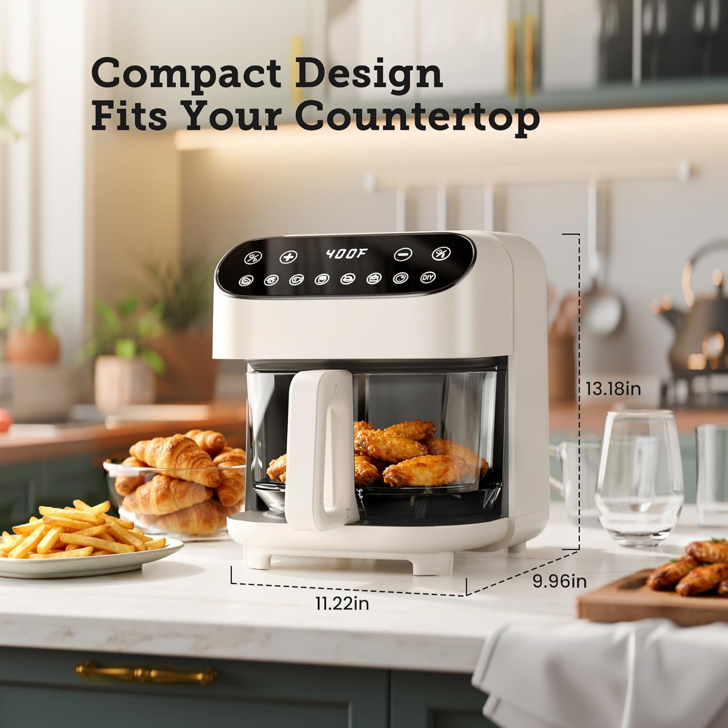 Kismile 4.5QT Glass Air Fryer, BPA-Free Non Toxic AirFryer with Digital Touch Control, 1500W Portable Airfryer, Dishwasher Safe Basket, Up to 400°F, Cooks with 95% Less Oil(White)