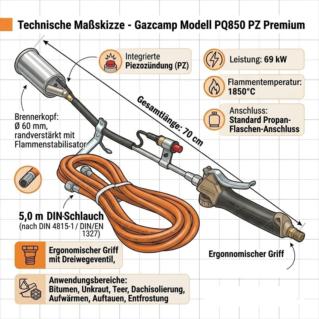 Gazcamp Abflammgerät PQ850 PZ Premium, 69 kW Profi-Brenner mit Piezozündung, 60mm Brennerkopf, 5m Propangasschlauch, für Dacharbeiten und Gartenpflege