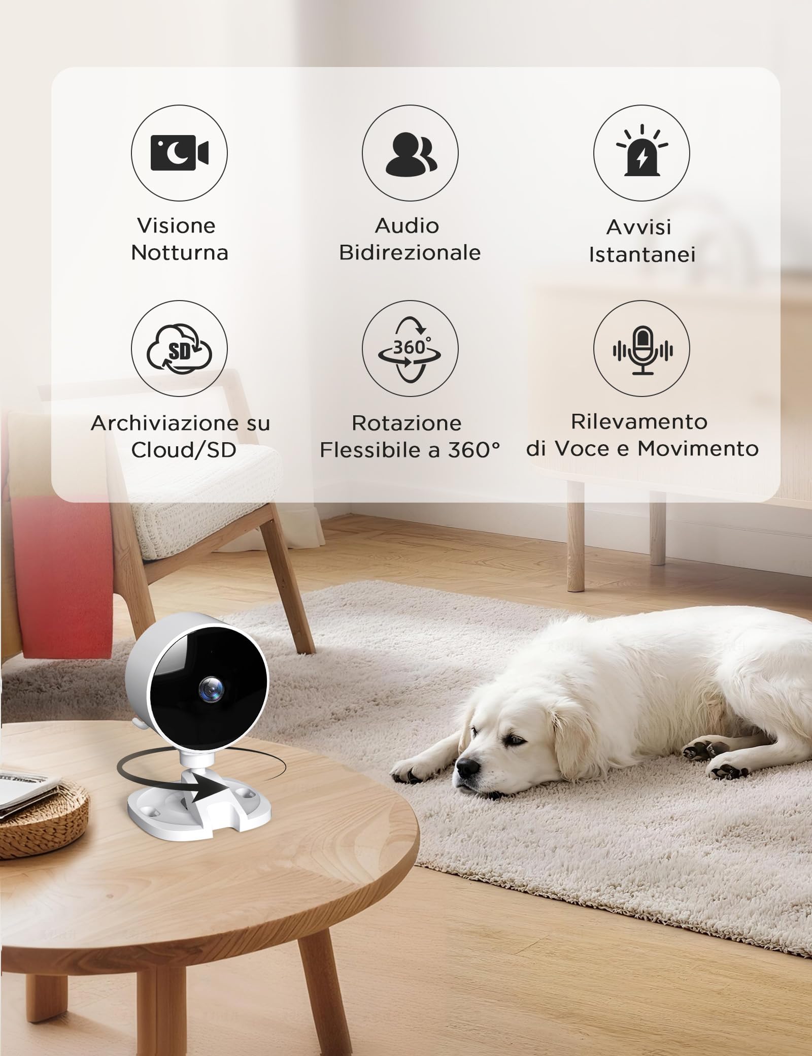 WOLFANG Telecamera WiFi Interno, Videocamera Sorveglianza 1080P, Visione Notturna, Audio Bidirezionale, Notifiche del Sensore di Movimento, scheda SD e archiviazione cloud, 360°, Confezione da 4