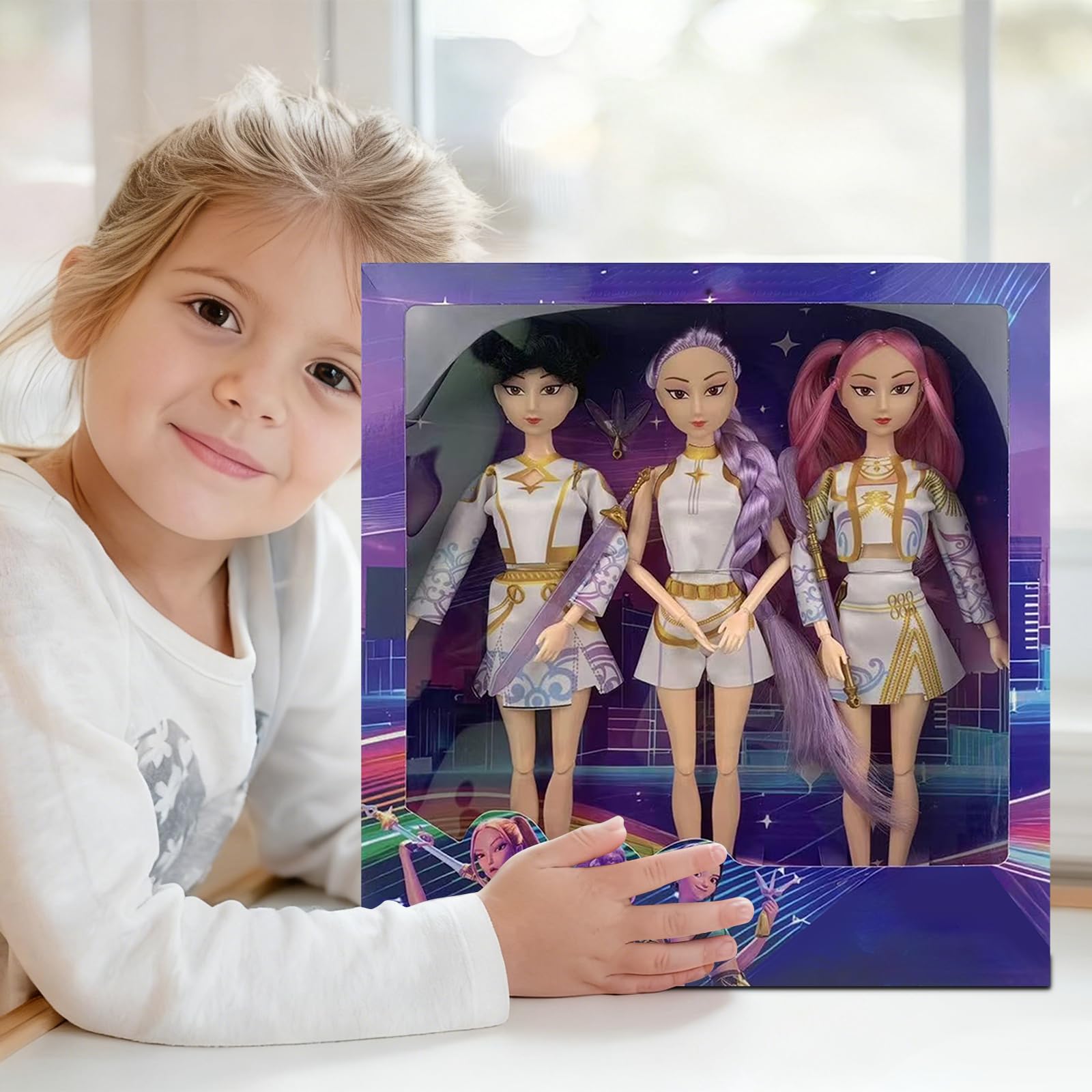 K-pop Puppe Set 3er, Anime Style Actionfiguren mit Beweglichen Gelenken & Katzenaccessoire, Fantasy Sammlerpuppen für Mädchen, Sci-Fi Heldin Puppen Set als Geschenk für Kinder (Musik) - 3