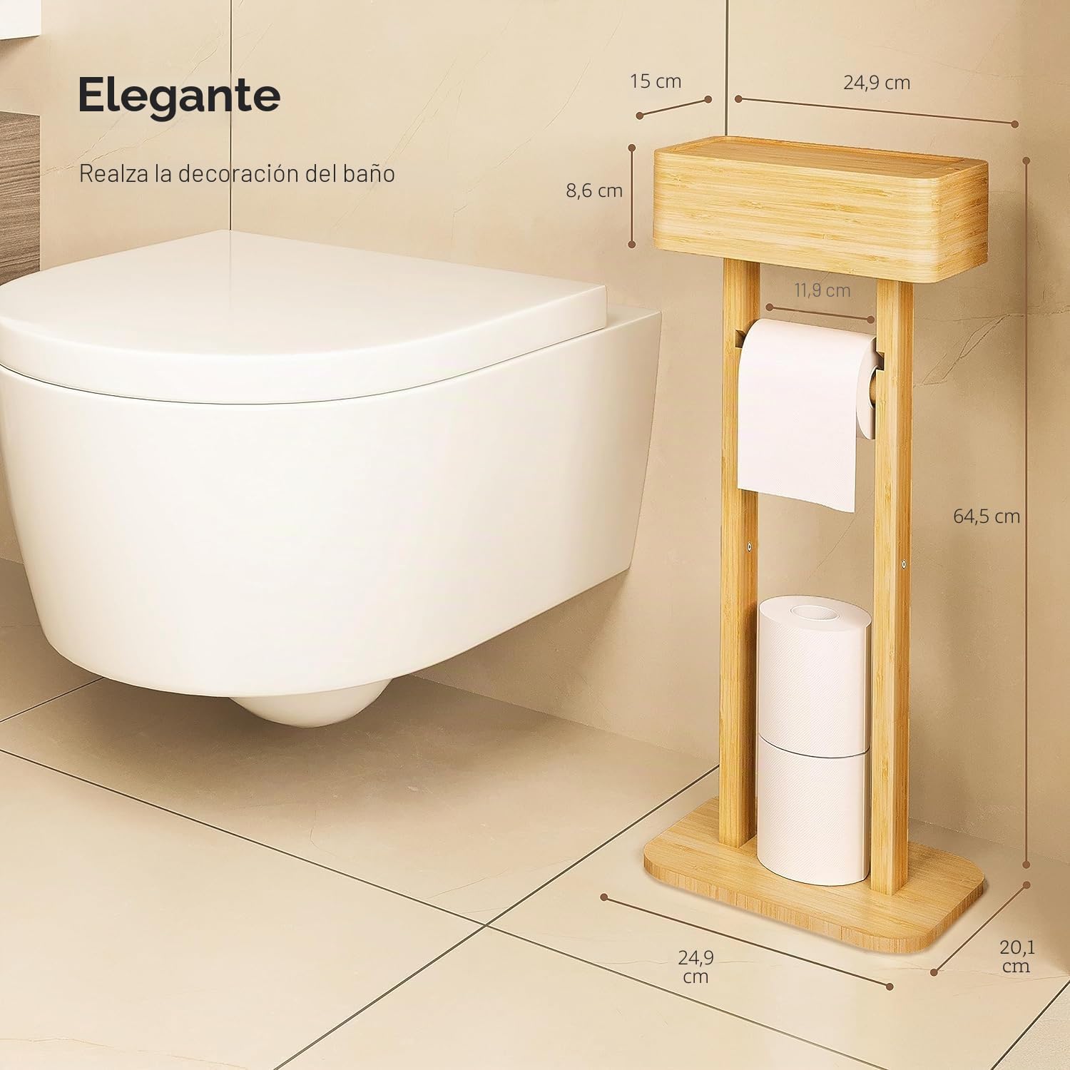 Portarrollos de papel higiénico 4 en 1 con caja de almacenamiento, organizador de papel higiénico de pie de bambú para baño, escritorio temporal