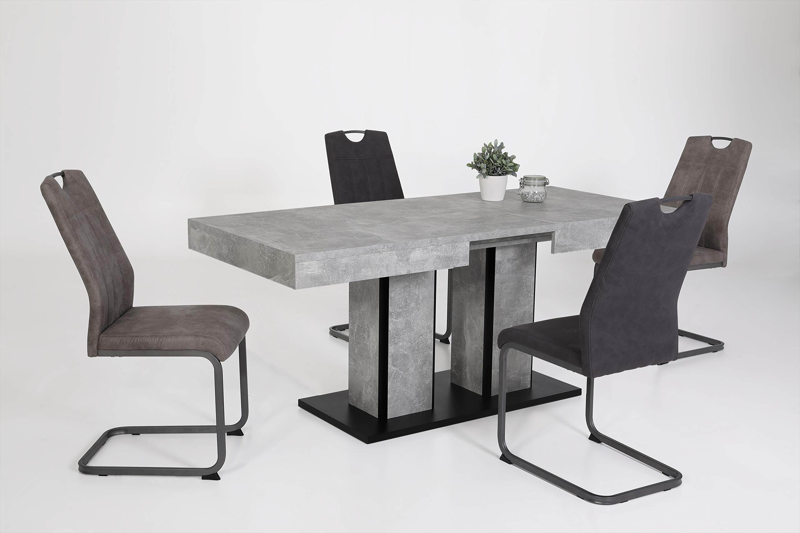 Hela Tische, Rose - Tavolo a colonna per sala da pranzo, prodotto in legno derivato rivestito in melamina, effetto cemento, 2 gambe a colonna e piastra base, allungabile, 140-180 x 80 cm