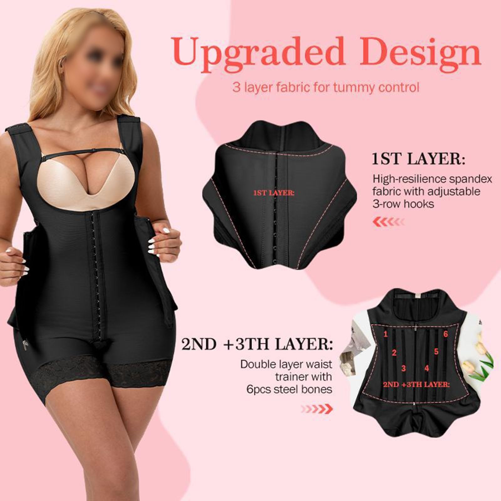 Gaine Compressive Post-opératoire BBL pour Femmes Gaine à 9 Baleines Body Post-opératoire Liposuccion, Buste Ouvert, Rehausseur de Fesses