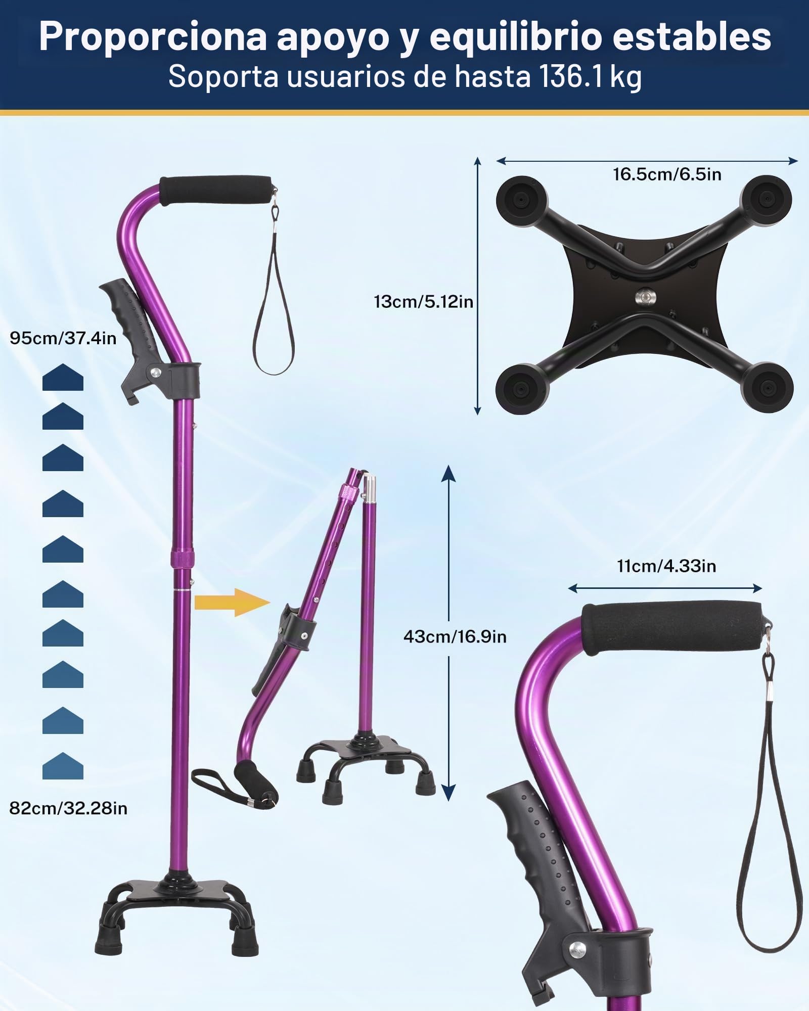 usammenklappbare Heavy Duty mit weichen-Purple KUAZIDAR Bastón para Ancianos con Base de 4 Puntas para Máxima Estabilidad, Bastón de Caminar de Aluminio Ajustable en Altura