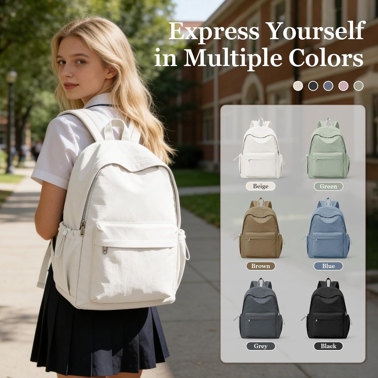 Simple School Backpack For Women Men Aesthetic Medium Backpack Lightweight Casual Daypack College Backpacks Cute Bookbag for Teens Girls Boys Basic Bagpack（Beige）