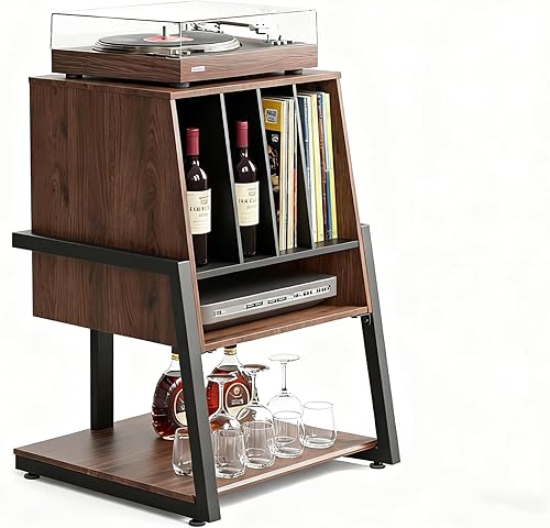 FITUEYES Armario de bar de diseño con soporte giratorio, gabinete de barra de registro vintage, almacenamiento de vinilo y exhibición de vino, grano