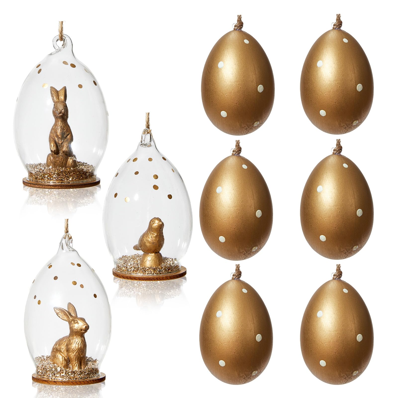DN DECONATION 9Pcs Easter Hanging Ornaments Set, Gold Speckled Plastic Eggs & Glass Dome with Bunny Bird, Jute Hanging Rope for Tree Home Table Decor, Luxury Spring Gift & Party Decorations