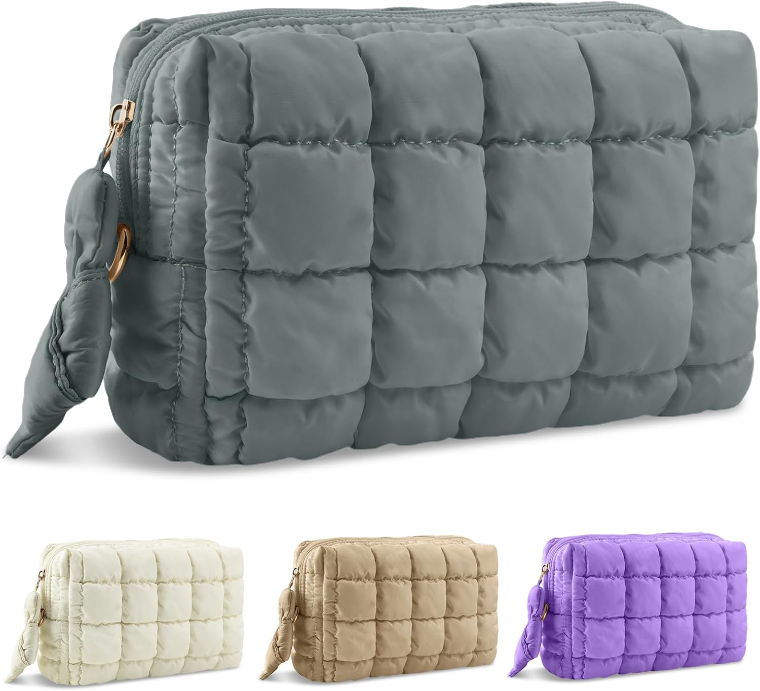 Puffer Quilted Makeup Bag Cosmetic Bags,Puffy Travel Toiletry Pouch for Women,Cute Checkered Zipper Bag Travel Essential,Portable Aesthetic Make up Organizer Bag for Gifts Work Daily(Grey,M)