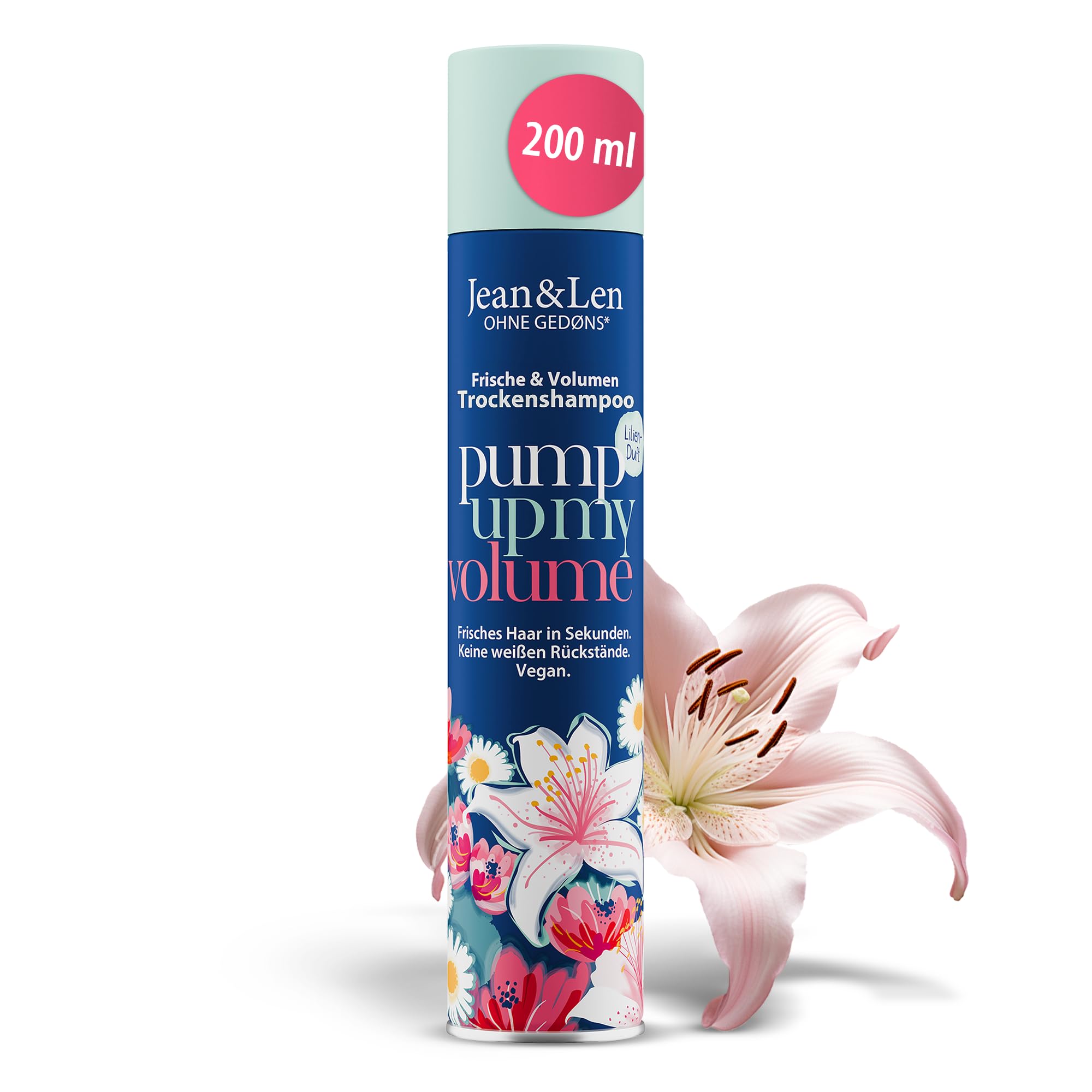 Jean & Len champú en seco frescor y volumen, sin raíces grasas, sin restos blancos, aroma floral y fresco a lirio, para cabello fino sin volumen, sin parabenos ni siliconas, vegano, 200 ml