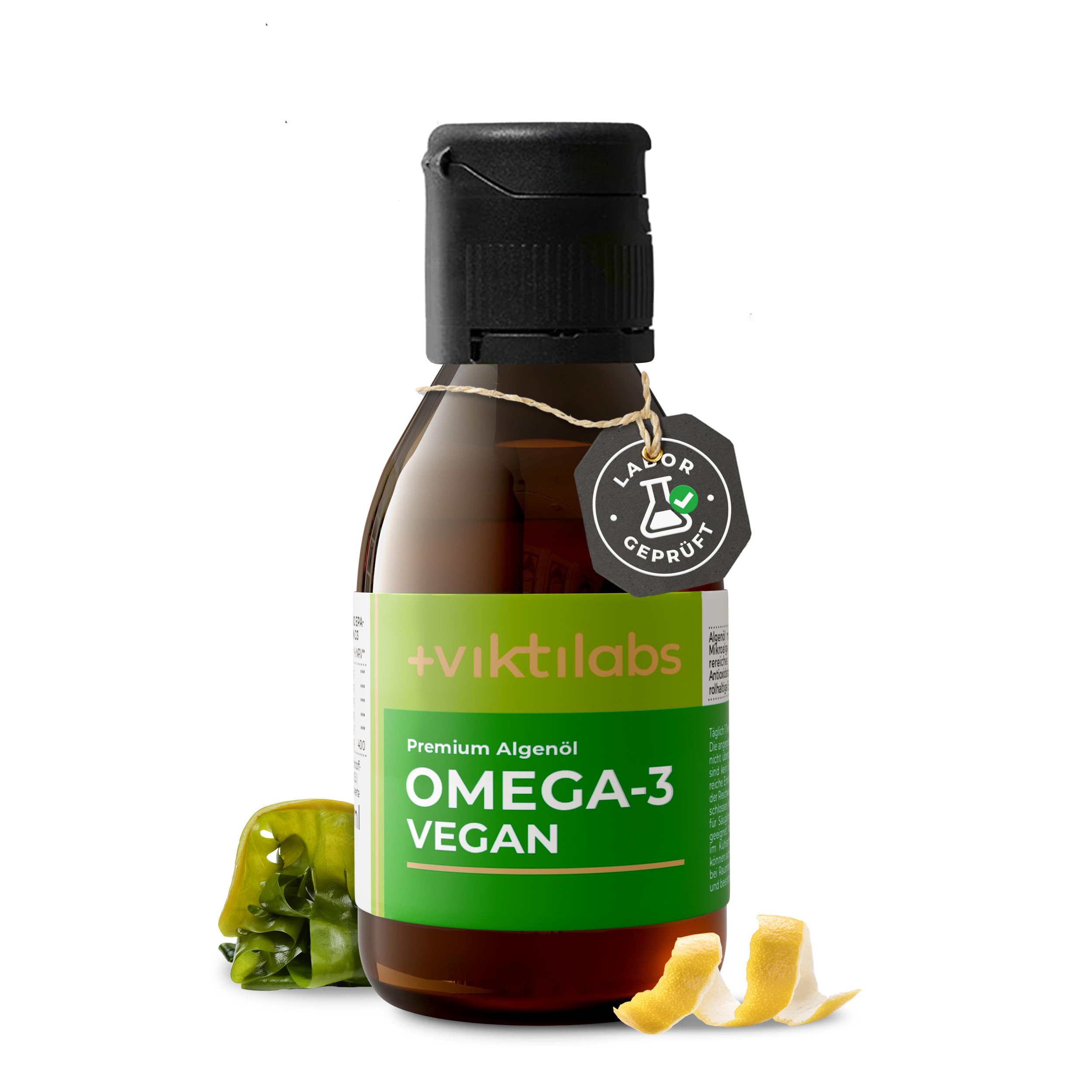 Viktilabs© - Omega-3 Vegan Algenöl mit Vitamin D3 - Hochdosiert mit 2123 mg Omega-3 pro Tagesdosis mit 579 mg EPA und 1158 mg DHA - 5 ml pro Tag - 100 ml - ohne Zusatzstoffe