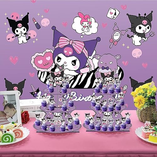 Miniatura 4 de Decoraciones de cumpleaños de dibujos animados kawaii, soporte para cupcakes morados, soporte de papel de 3 niveles, soporte de exhibición de
