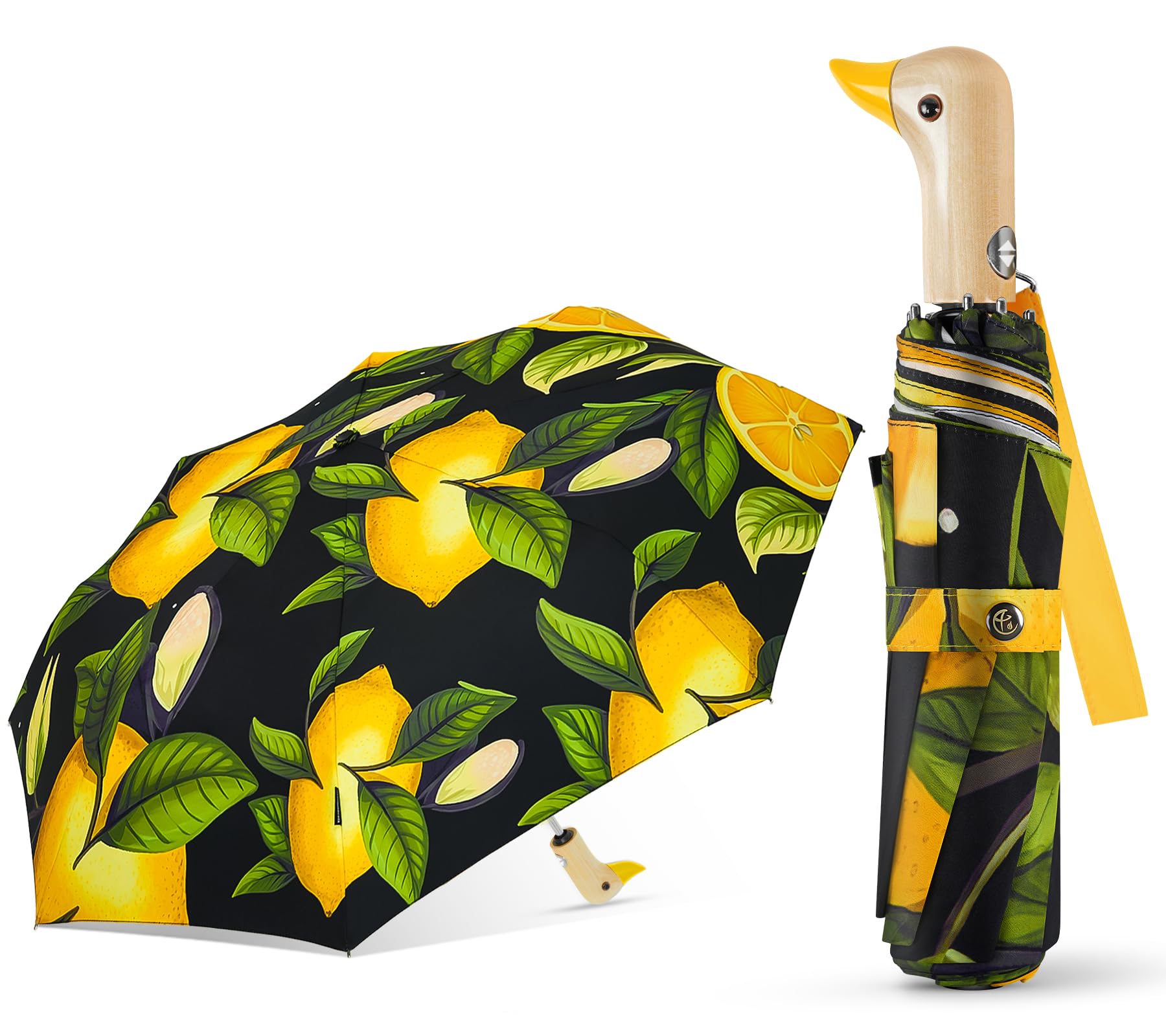Natuquebrela Cute Duck Umbrella Automatic - Compact Pretty Pocket Size Strong Duck Collapsible Umbrella Yellow Wooden Handle for Women