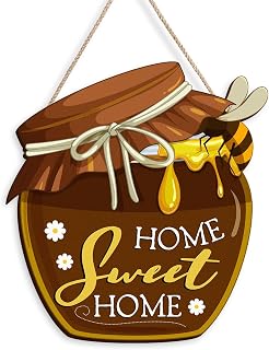 Housewarming Gifts New Home Sweet Home Decor, Welcome Sign for Front Porch, Wood Honey Pot House Warming Ornaments, Rustic Farmhouse Wall Art for Kitchen Livingroom (Brown)