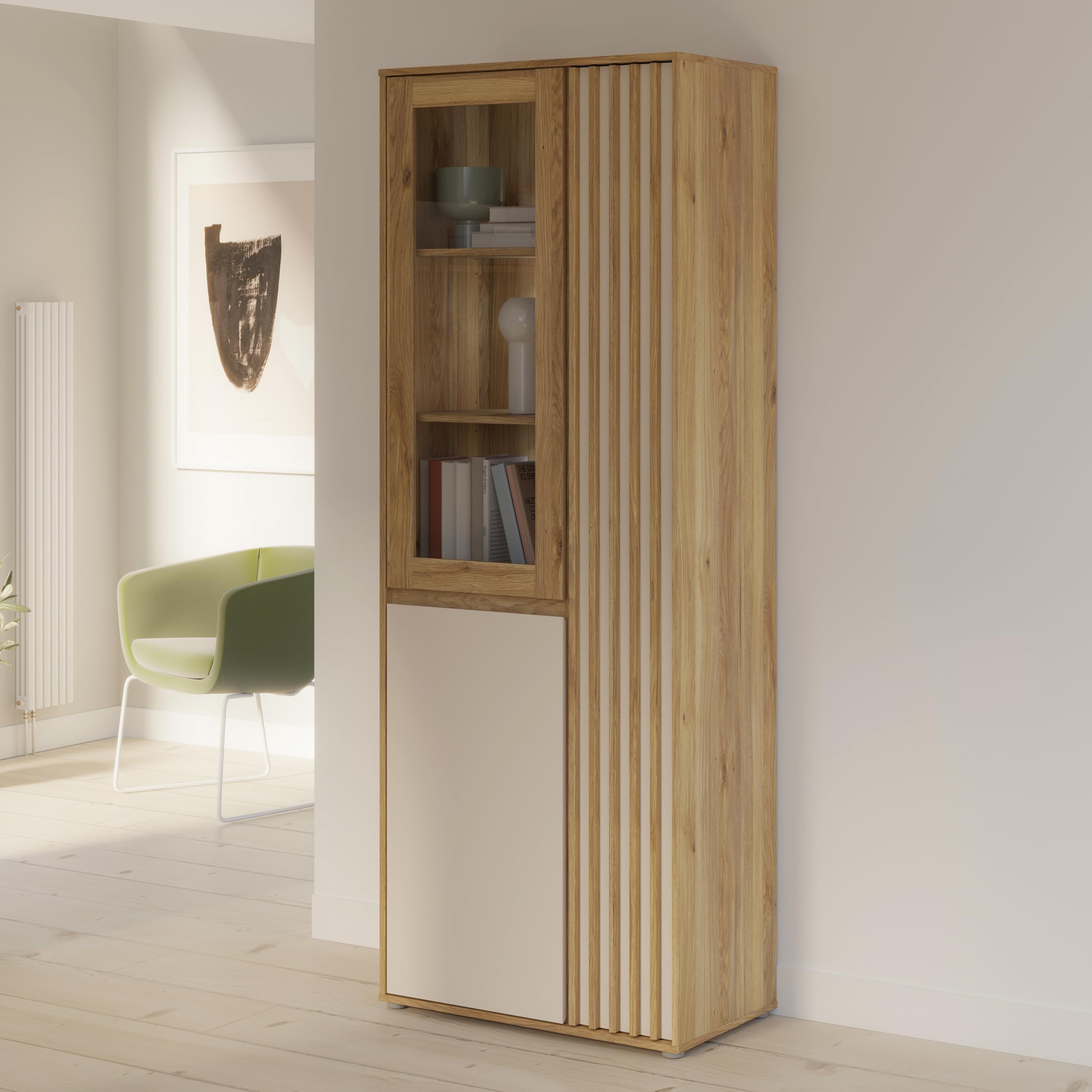Forte ELISTON Vitrine 70 80, moderner Schrank mit Lamellendesign, 3-türig, Wohn-/Schlafzimmer, Mauvella Eiche Holzdekor|Kashmir Beige, 74 cm breit x 200,1 cm hoch x 41,5 cm tief