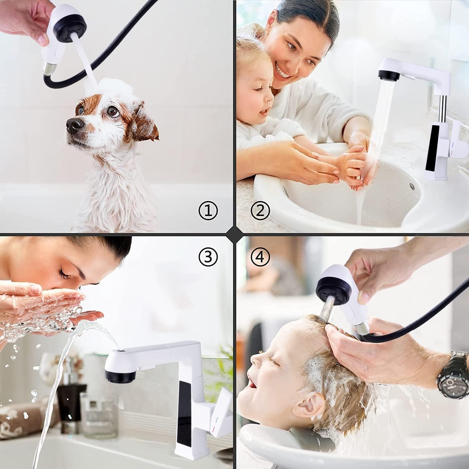Inteligentna bateria umywalkowa LED z wyciąganym opryskiwaczem, cyfrowy wyświetlacz temperatury LED, bateria umywalkowa, 5 trybów przepływu wody z obrotową wylewką 360°, mosiężny pojedynczy