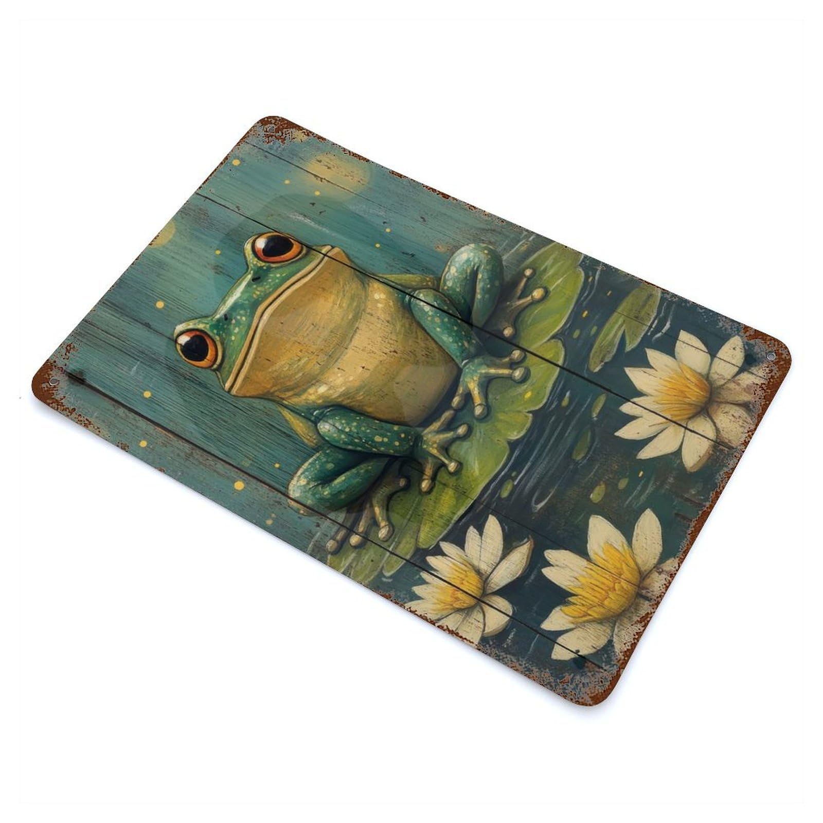 Frog on Lily Pads Painting Frog on Rustic Wood Rust Effect Tin Sign 11.8"x7.9", Decorative Metal Wall Art for Patio, Garden Room And Bar Decor