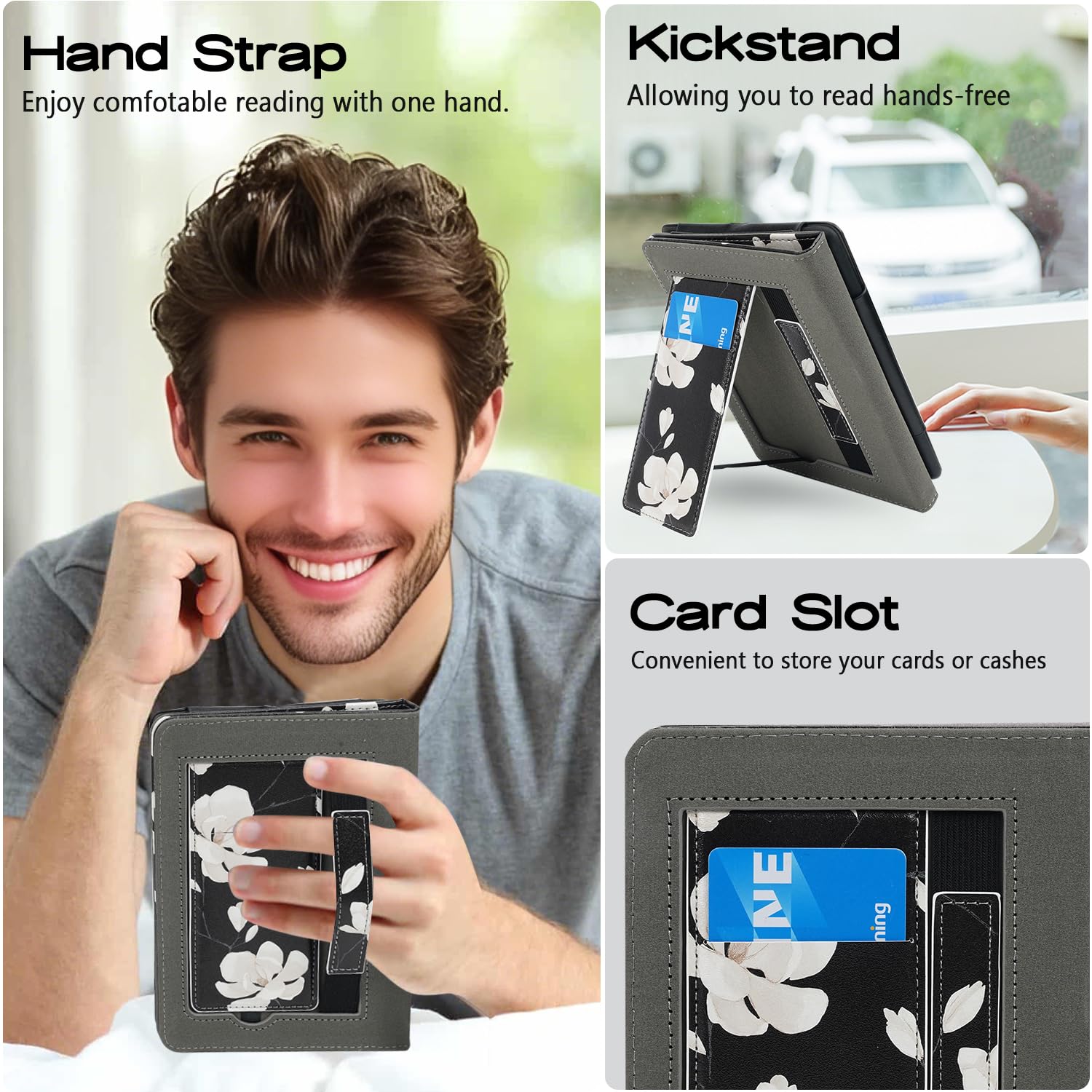 Custodia con supporto per Kindle Paperwhite da 7"/6" (12a/11a generazione-2024/2021) e Kindle Colorsoft Signature Edition - Custodia sottile e resistente in pelle PU con cinghia da polso