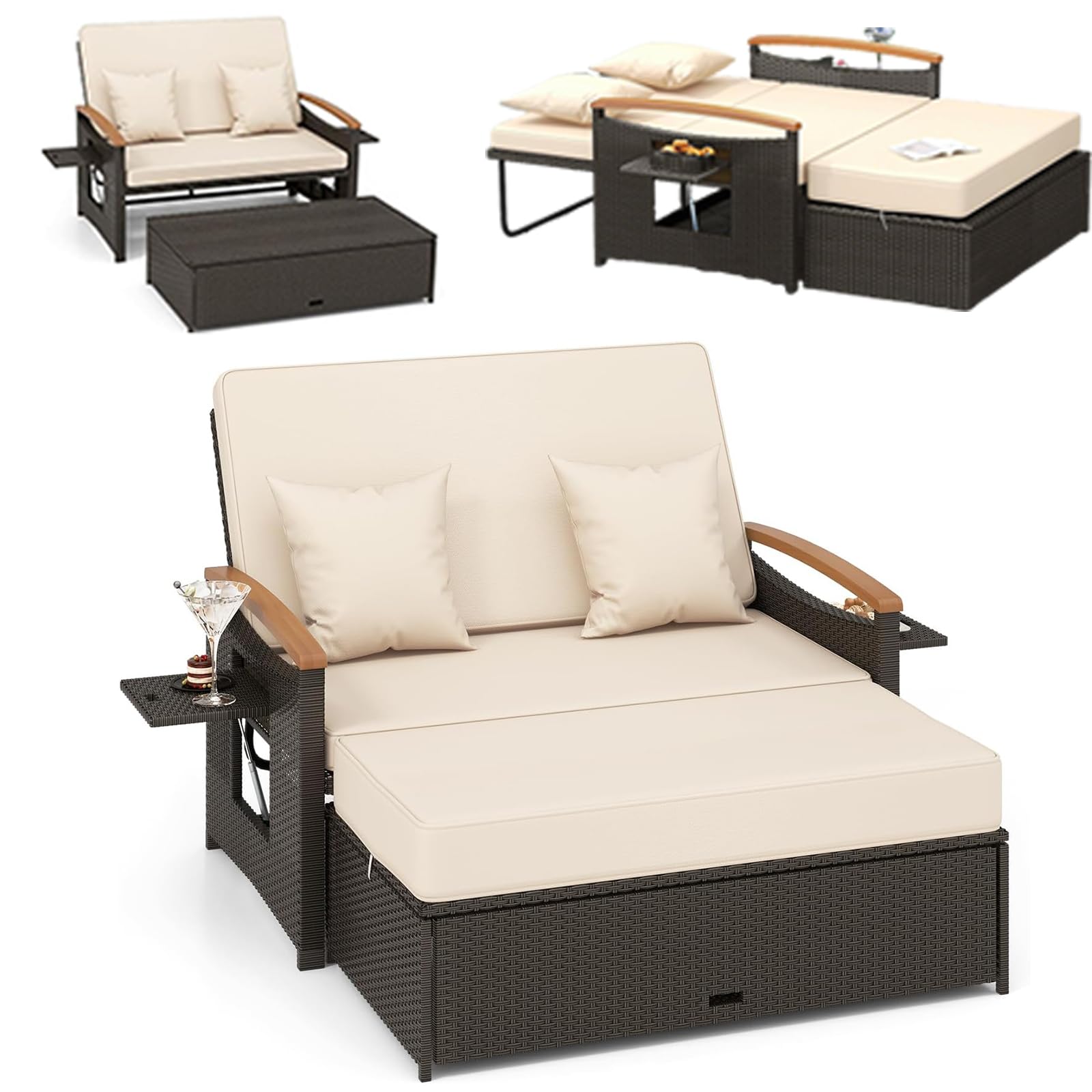 GYMAX 4-en-1 Canapé-Lit de Jardin, Table Basse, Ottoman, Coussins Oreillers Confortables, Dossier Réglable à 4 Niveaux, Salon de Jardin Exterieur en Rotin 2 Personnes, pour Patio, Terrasse, Piscine