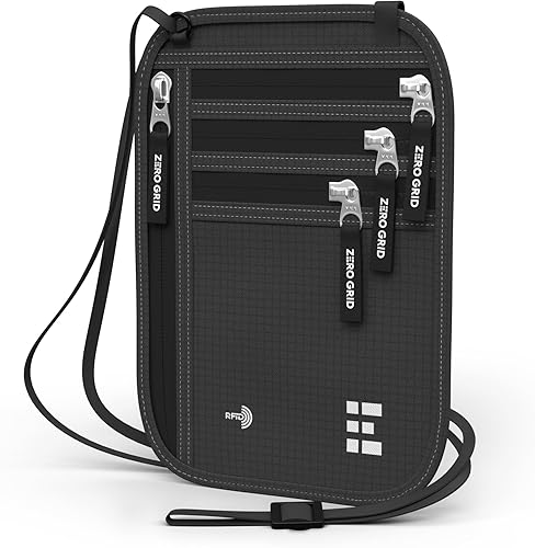 Vista 33 de Cartera para el cuello para viajes y pasaporte con bloqueo RFID, delgada y fácil de ocultar, bolsa de viaje de nailon para hombres y mujeres