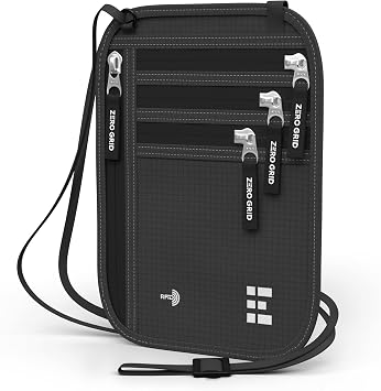 Zero Grid RFID Travel Neck Wallet, Extra Large Passport Holder, Black | Slim & Concealable Travel Pouch for Men & Women; Holds Phone, Cash, Cards, Keys, Waterproof; 5 compartments; Adjustable Strap