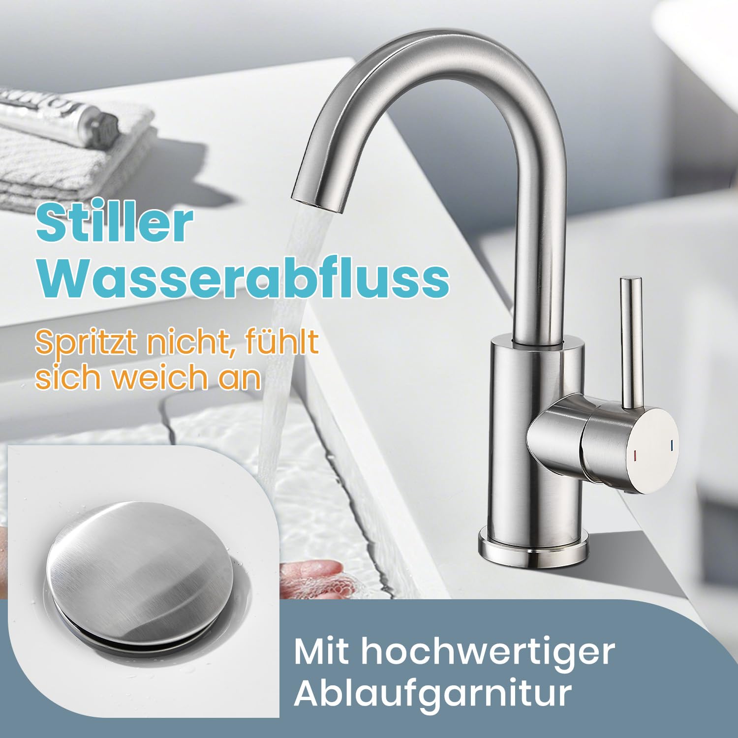 Rubinetto da bagno alto con piletta di scarico, spazzolato | Miscelatore monocomando girevole a 360°, rubinetto per lavandino in acciaio inox
