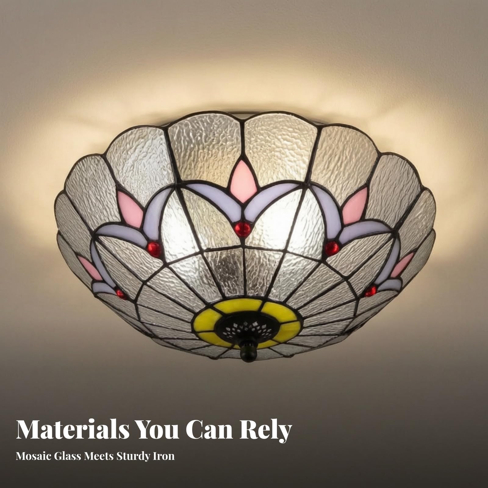 LOVIVER Flach Buntglas Deckenleuchte | Handgefertigter Glasschirm, Buntglas Deckenlampe, Vintage, Deckenleuchte mit rundem Buntglasschirm, für Wohnzimmer, Flur, Transparent
