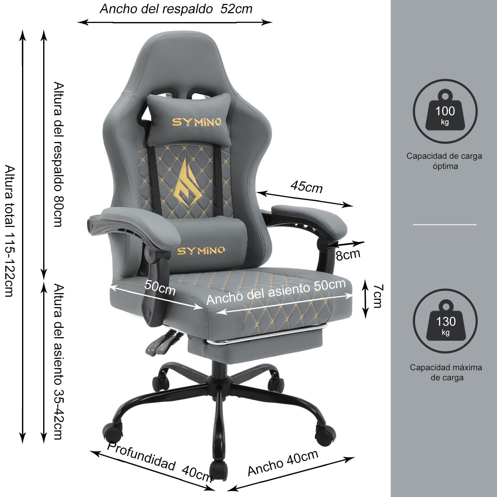 Symino Silla Gaming Ergonómica con Asiento de Espuma Alta Densidad – 150 kg, Reclinable con Soporte Lumbar, Reposabrazos Ergonómicos, Giratoria 360° para Oficina y Escritorio