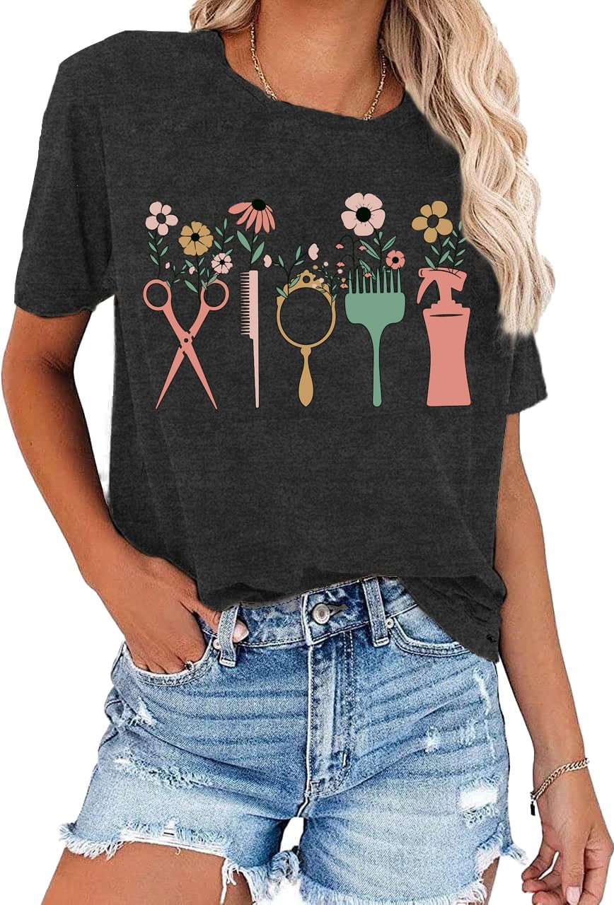 Hairstylist Shirt for Women Hairdresser and Beauty Salons T-Shirt Funny Casual Flower Short Sleeve - Image 4