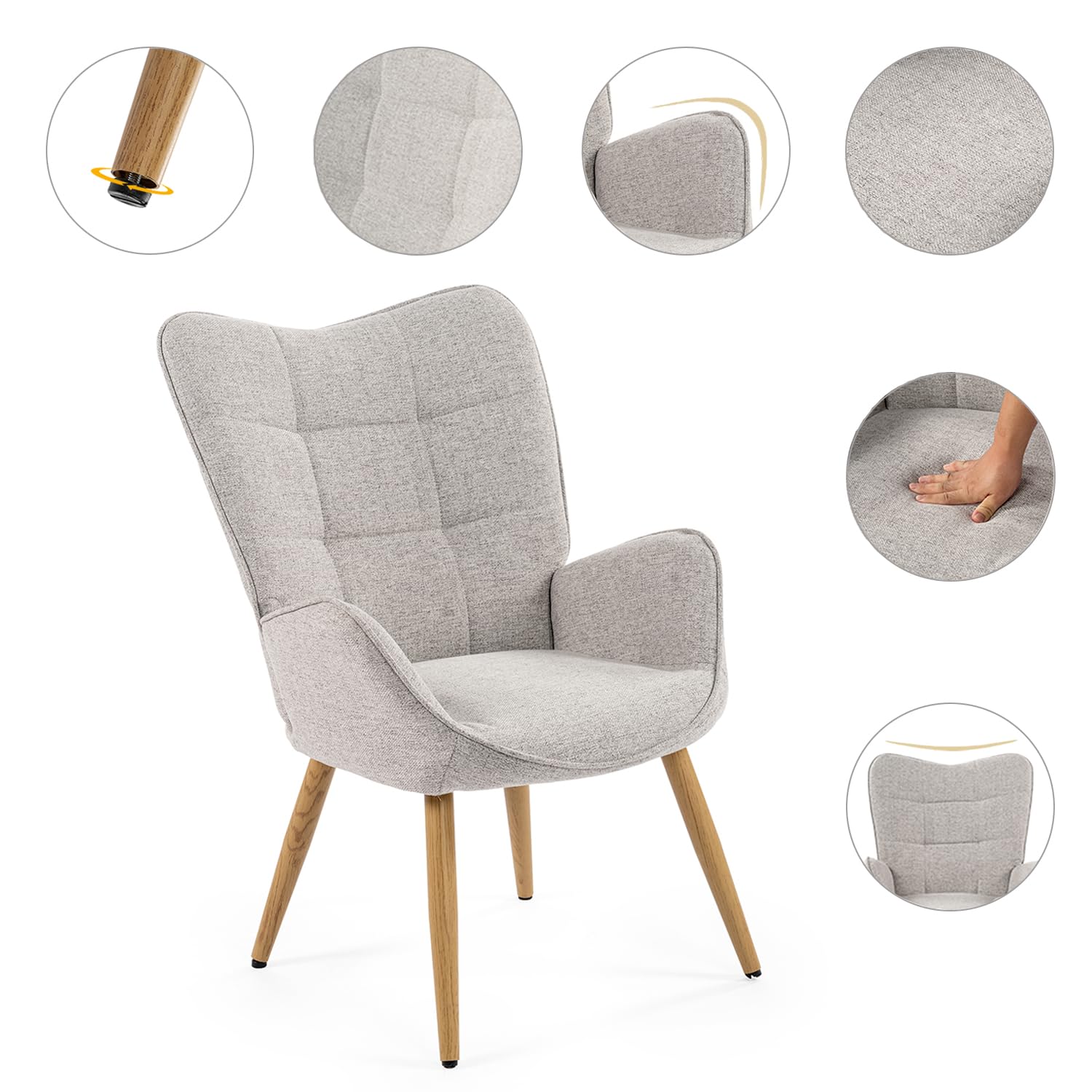MEUBLE COSY Poltrona Imbottita Sedia da Salotto con Braccioli Poltroncina Relax con Schienale Alto e Cuscino Spesso Gambe in Metallo per Soggiorno in Tessuto Grigio
