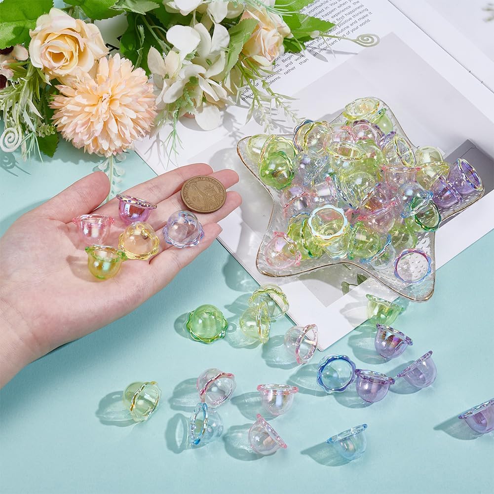 PLIGREAT 100 Pcs Acrylic Bell Floral Cone Caps Charms, 12×22mm Clear Cone Jellyfish Floral Bead Caps Bellflower Trumpet Flower Spacer Bead for DIY Crafts Jewelry Making, 5 Colors