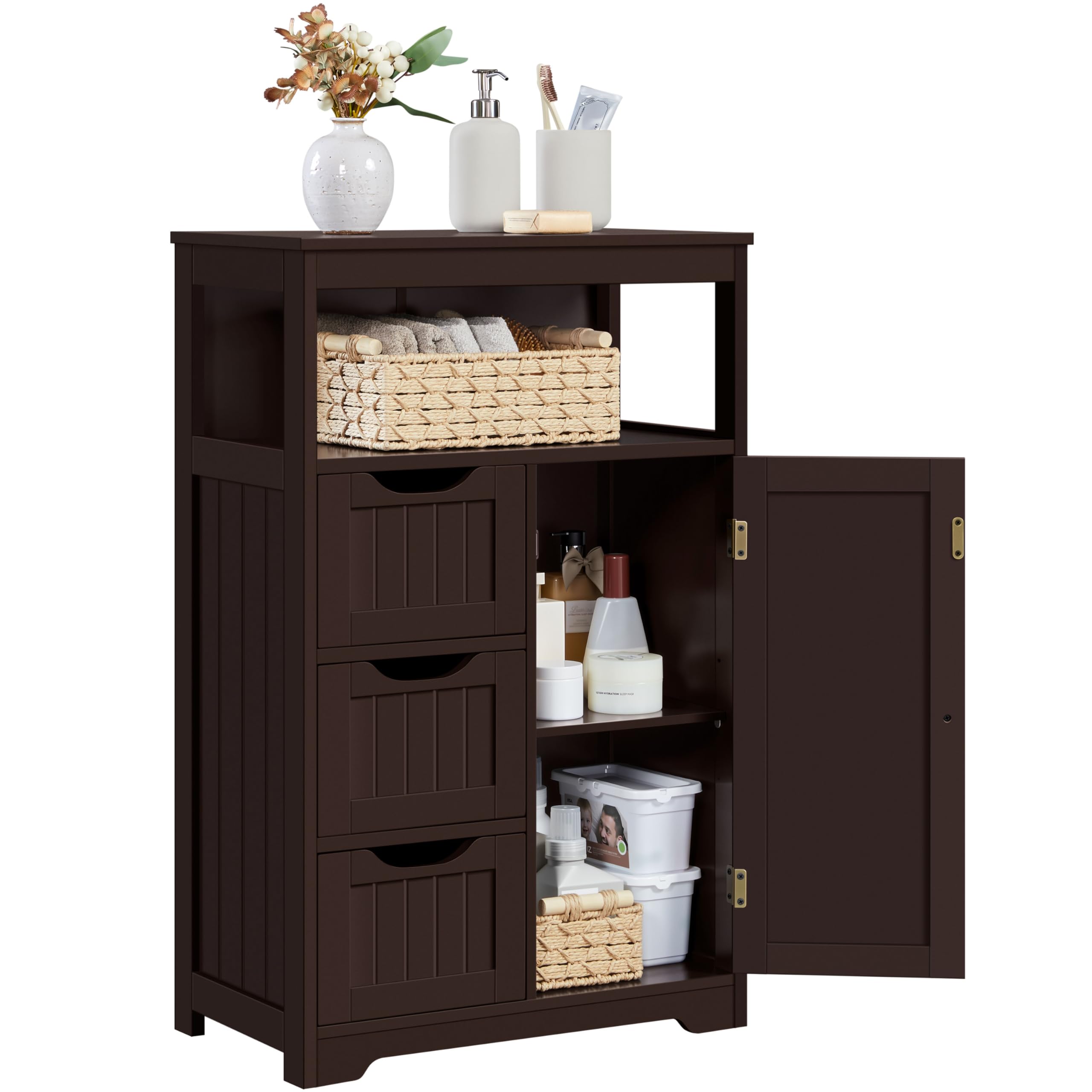 Yaheetech Wood Bathroom Floor Cabinet with 3 Drawers &1 Cupboard, Free Standing Storage Organizer Hallway Entryway Cabinet for Living Room Kitchen, Espresso