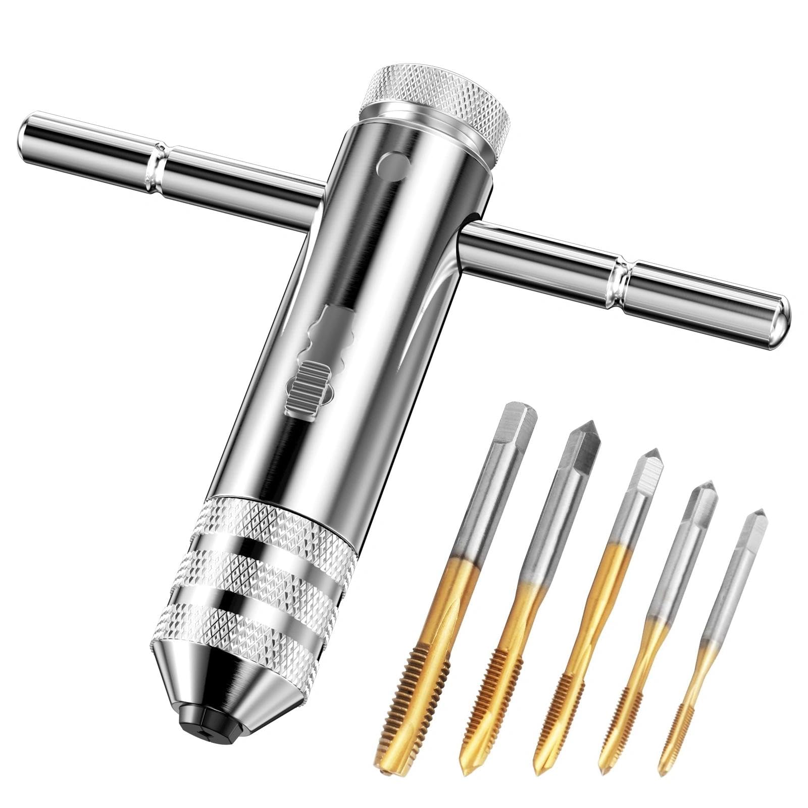 5 Stück Gewindeschneider Set Verstellbarer M3/ M4/ M5/ M6/ M8 + 1 Stück T Griff Windeisen Ratsche, Gewindebohrer, Handgewindebohrer Halterschlüssel, Titan-beschichtet Werkzeughalter