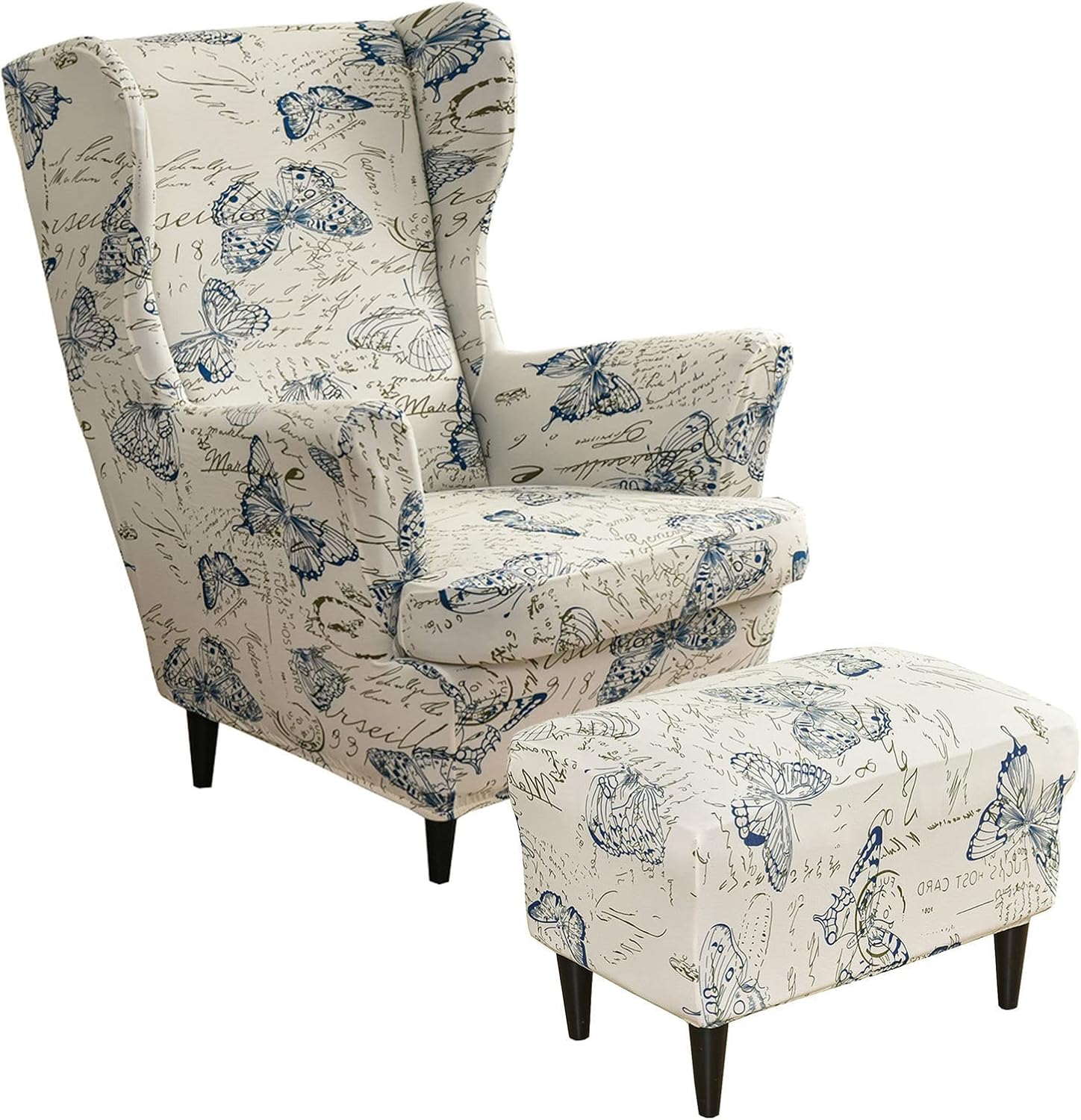 3 Piece Stretch Wing Chair Cover Set, Printed Spandex Wing Chair Slipcover with Ottoman Slipcovers Armchair Chair Slipcovers Machine Washable for Living Room-AE-3 Piece