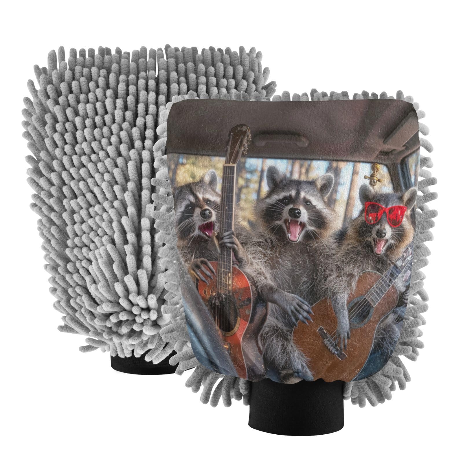 Kigai Cute Raccoon Playing Guitar Car Wash Mitt Microfiber, 2Pcs Scratch Free Lint-Free, Premium Chenille Microfiber Mitt Car Wash Brush-L