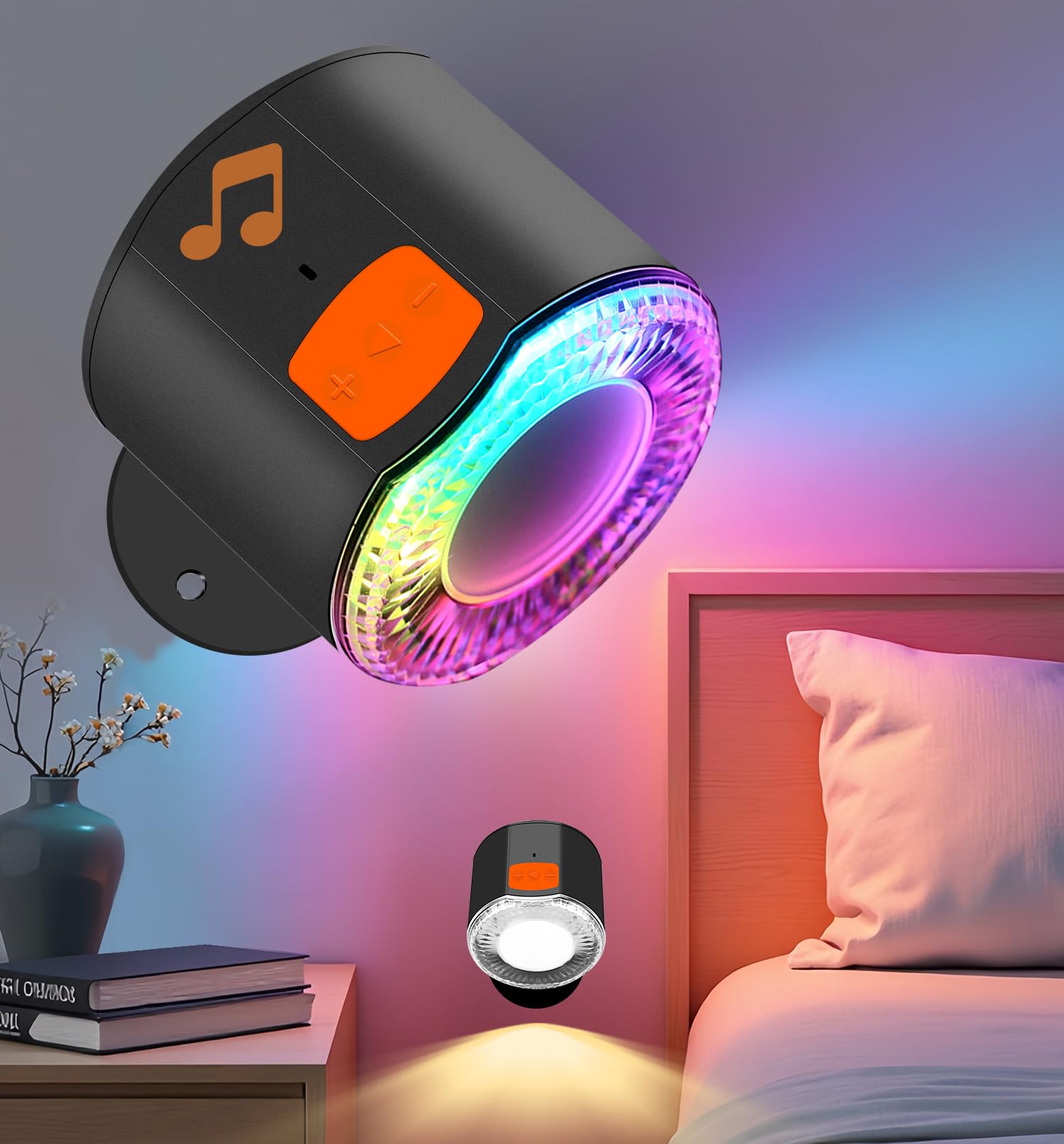 Amagle Black Led Wall Mounted Lights, 3000Mah Rechargeable Wall Sconces Lamp With Bluetooth Speaker, Dimmable Magnetic 360° Rotation Cordless Wall Light For Bedroom Bedside, White Light Rgb Music Sync Modes