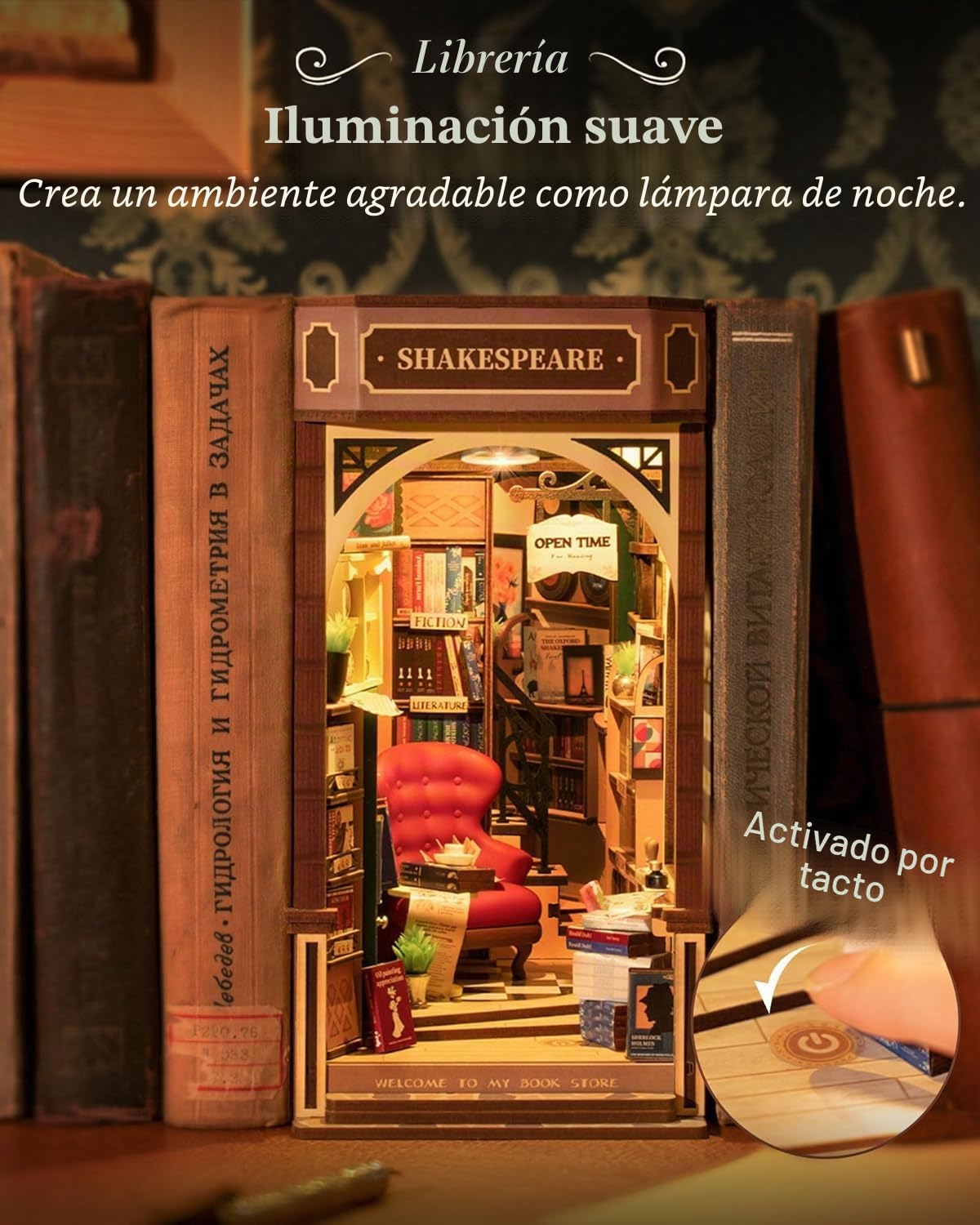 ROBOTIME DIY Book Nook Kit, Booknook Casa de muñecas en Miniatura de Madera con Muebles y Luces LED, Decoración del Hogar Regalos Navideños - Librería Shakespeare