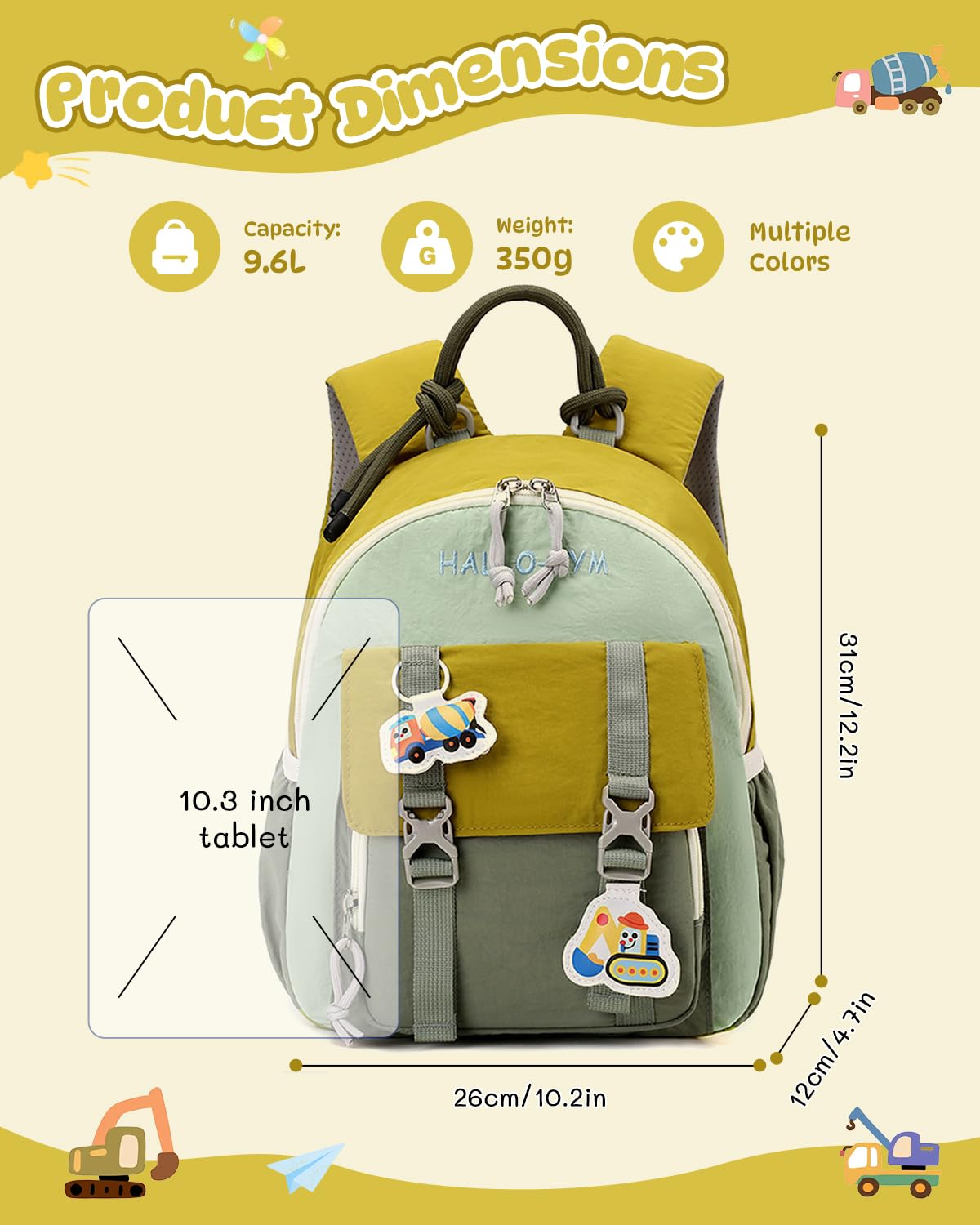 PROTAURI Mochila Infantil con Correa Pectoral Reflectante, Mochila Guardería Niño Ligera e Impermeable, Mochila Bebé Guardería con Motivo 3D Excavadora para 2-5 Años, 9.6L, Verde