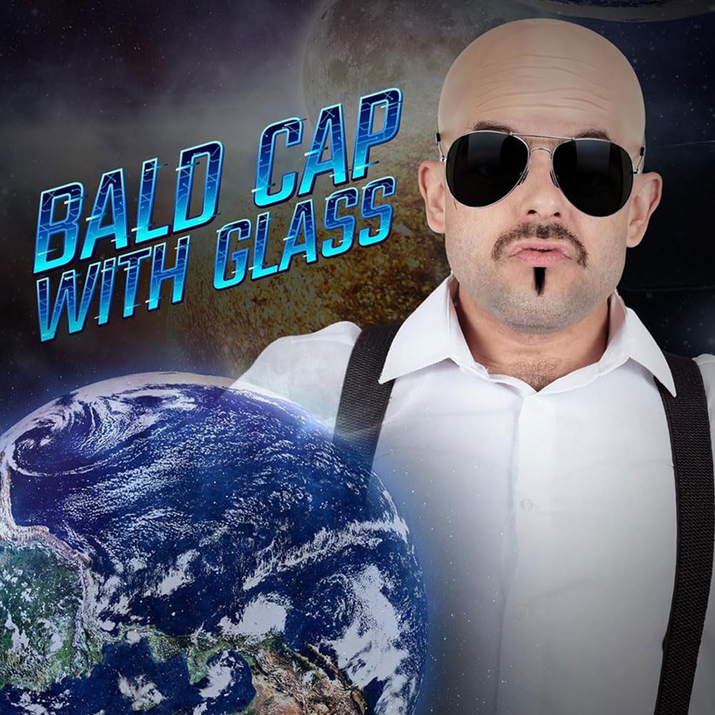 HTGWCG Adults Mr Worldwide Accessory Set, Nude Latex Bald Cap, Black Sunglasses, Black Soul Patch - Image 4